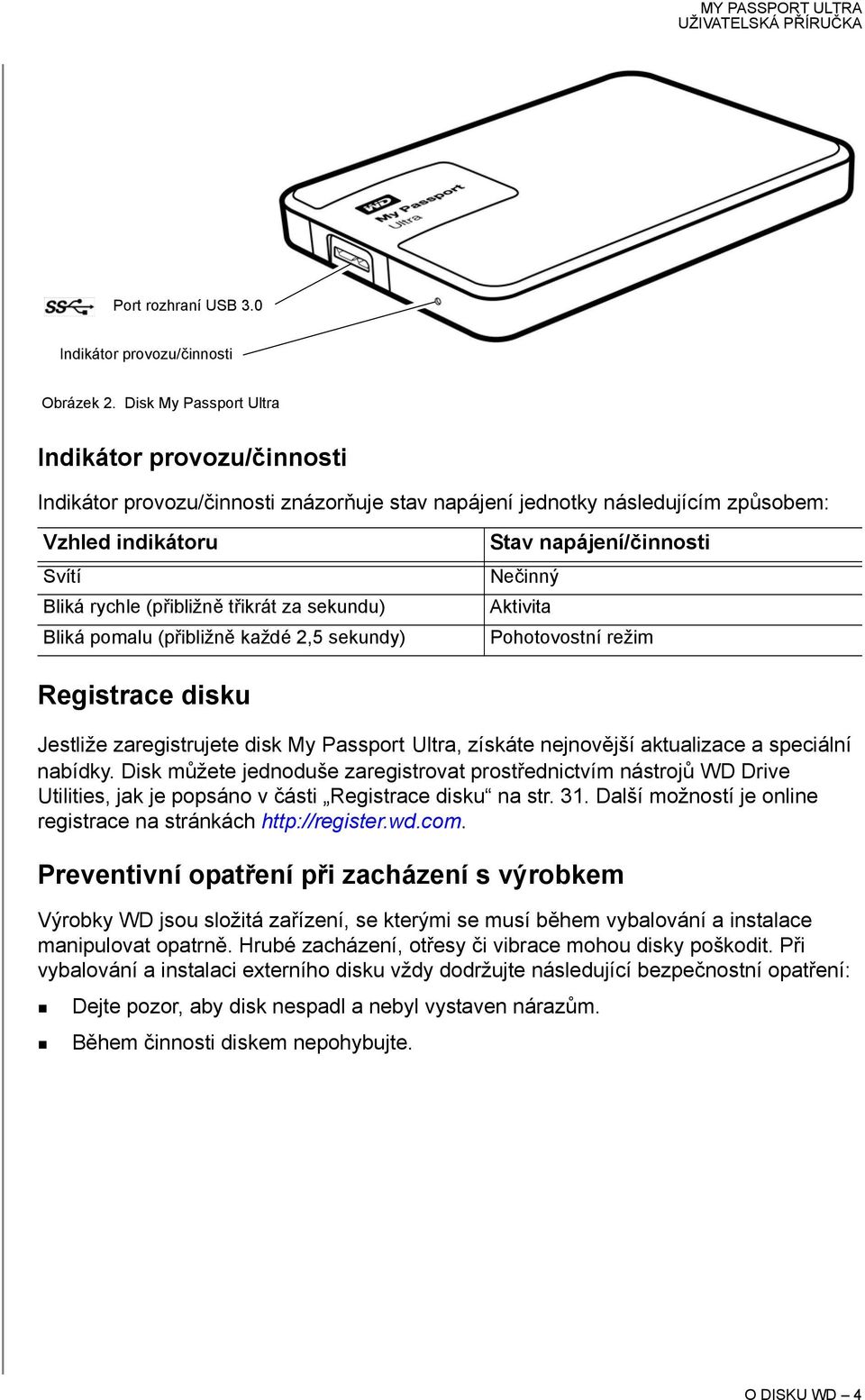 sekundu) Bliká pomalu (přibližně každé 2,5 sekundy) Stav napájení/činnosti Nečinný Aktivita Pohotovostní režim Registrace disku Jestliže zaregistrujete disk My Passport Ultra, získáte nejnovější