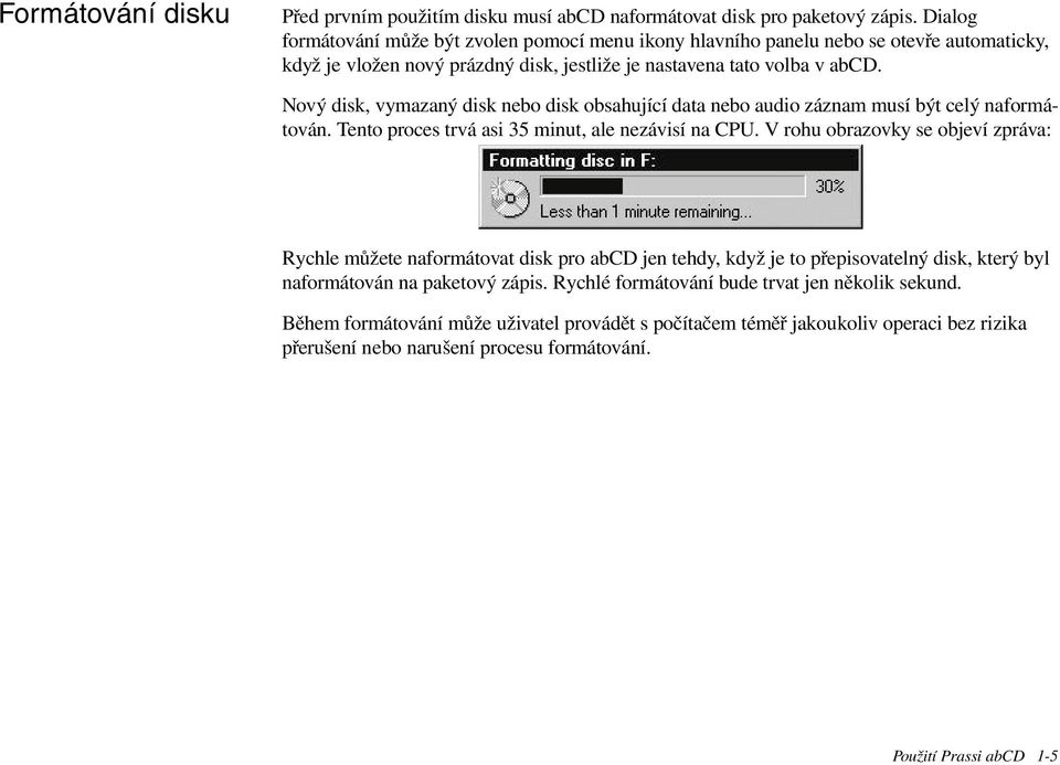 Nový disk, vymazaný disk nebo disk obsahující data nebo audio záznam musí být celý naformátován. Tento proces trvá asi 35 minut, ale nezávisí na CPU.