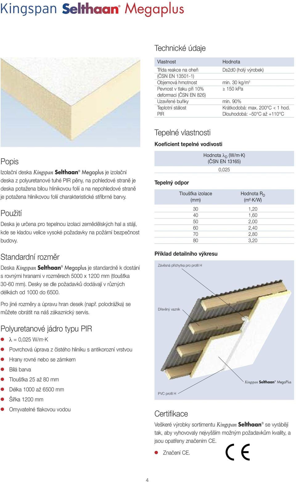 PIR Dlouhodobá: 50 C až +110 C Tepelné vlastnosti Koeficient tepelné vodivosti Popis Izolační deska Kingspan Selthaan Megaplus je izolační deska z polyuretanové tuhé PIR pěny, na pohledové straně je