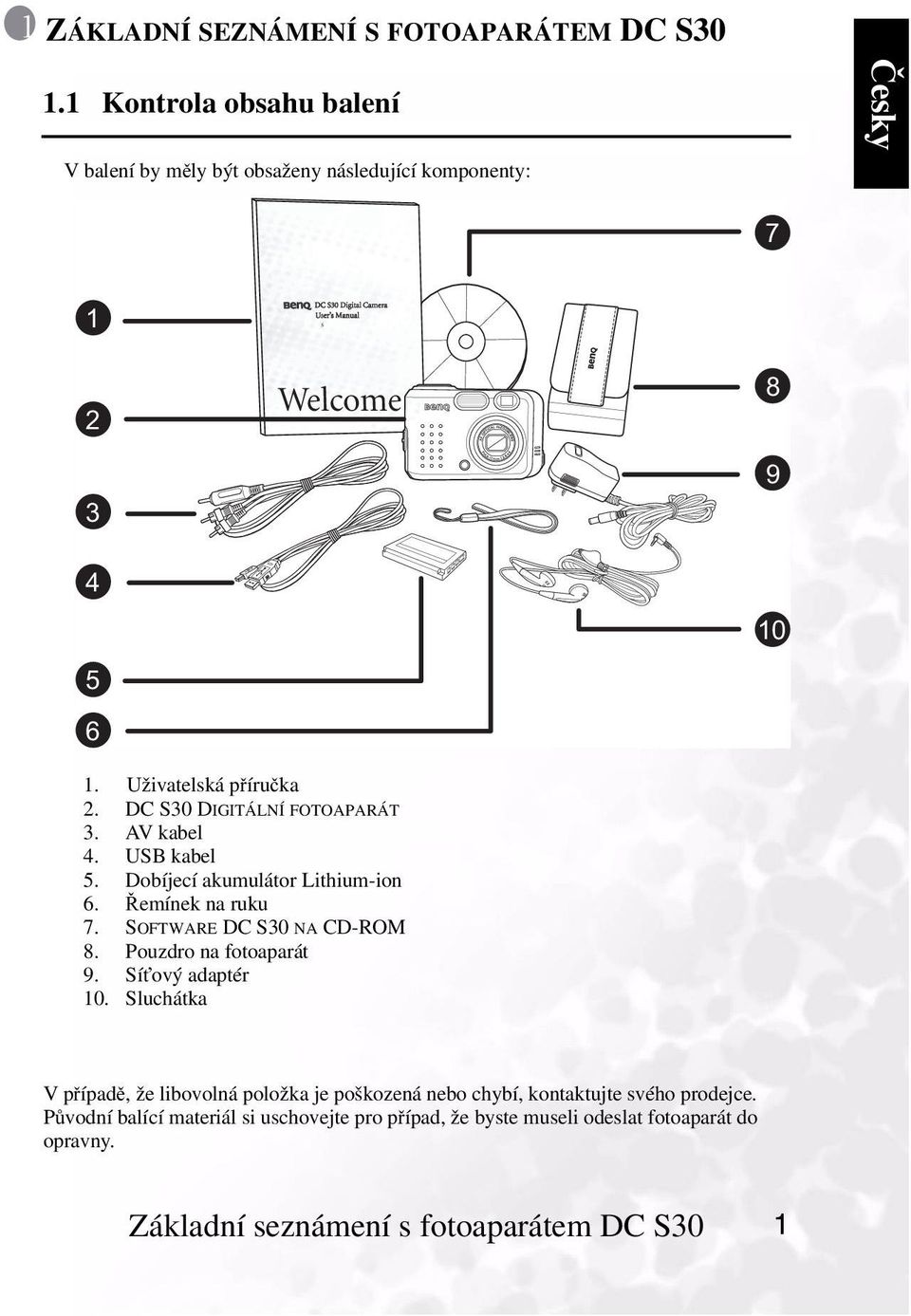 Uživatelská příručka 2. DC S30 DIGITÁLNÍ FOTOAPARÁT 3. AV kabel 4. USB kabel 5. Dobíjecí akumulátor Lithium-ion 6. Řemínek na ruku 7.