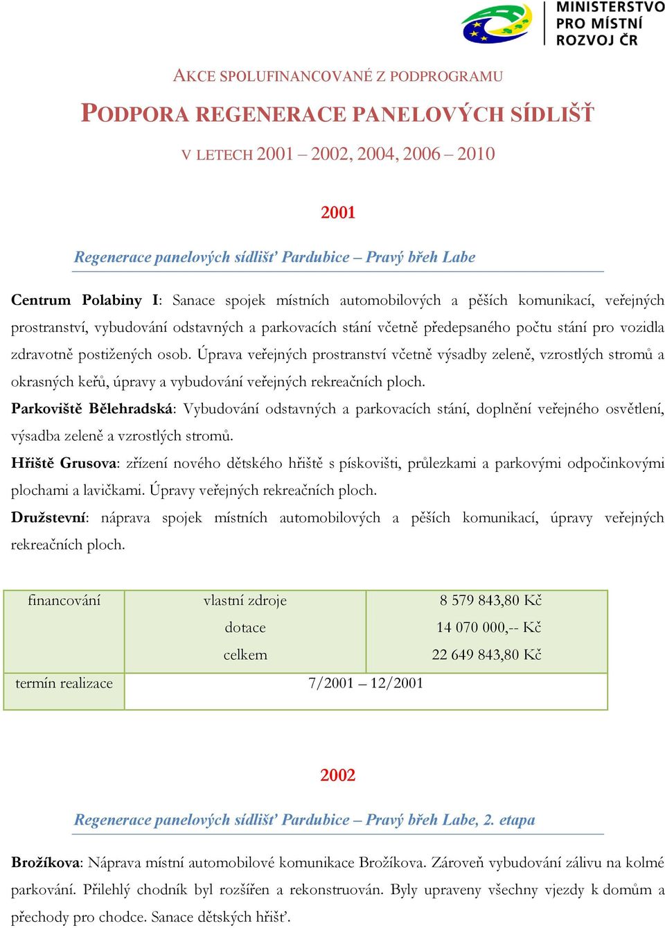 Úprava veřejných prostranství včetně výsadby zeleně, vzrostlých stromů a okrasných keřů, úpravy a vybudování veřejných rekreačních ploch.