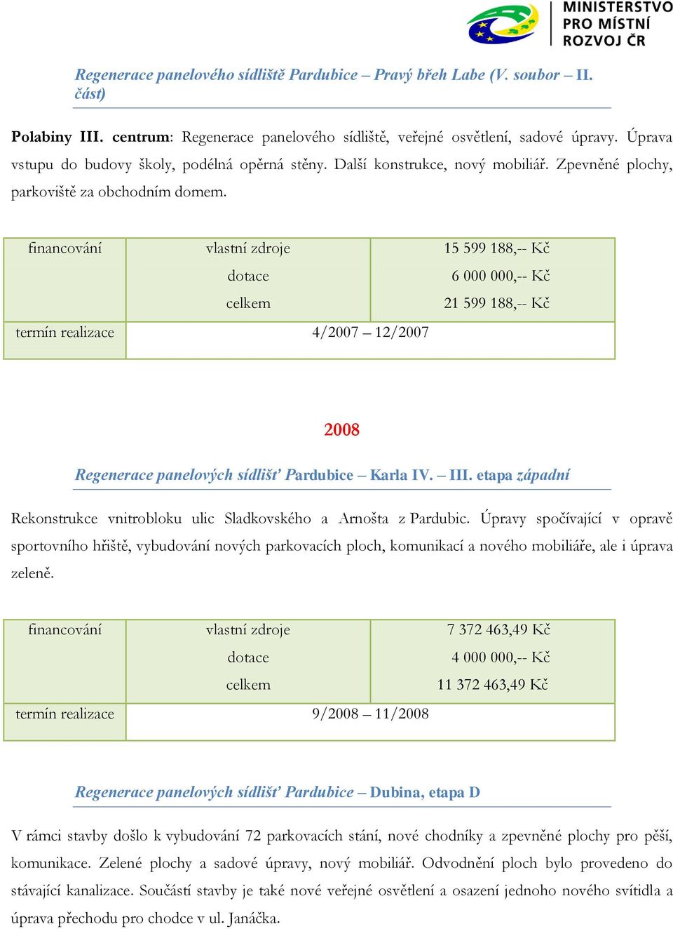termín realizace 4/2007 12/2007 15 599 188,-- Kč 21 599 188,-- Kč 2008 Regenerace panelových sídlišť Pardubice Karla IV. III.