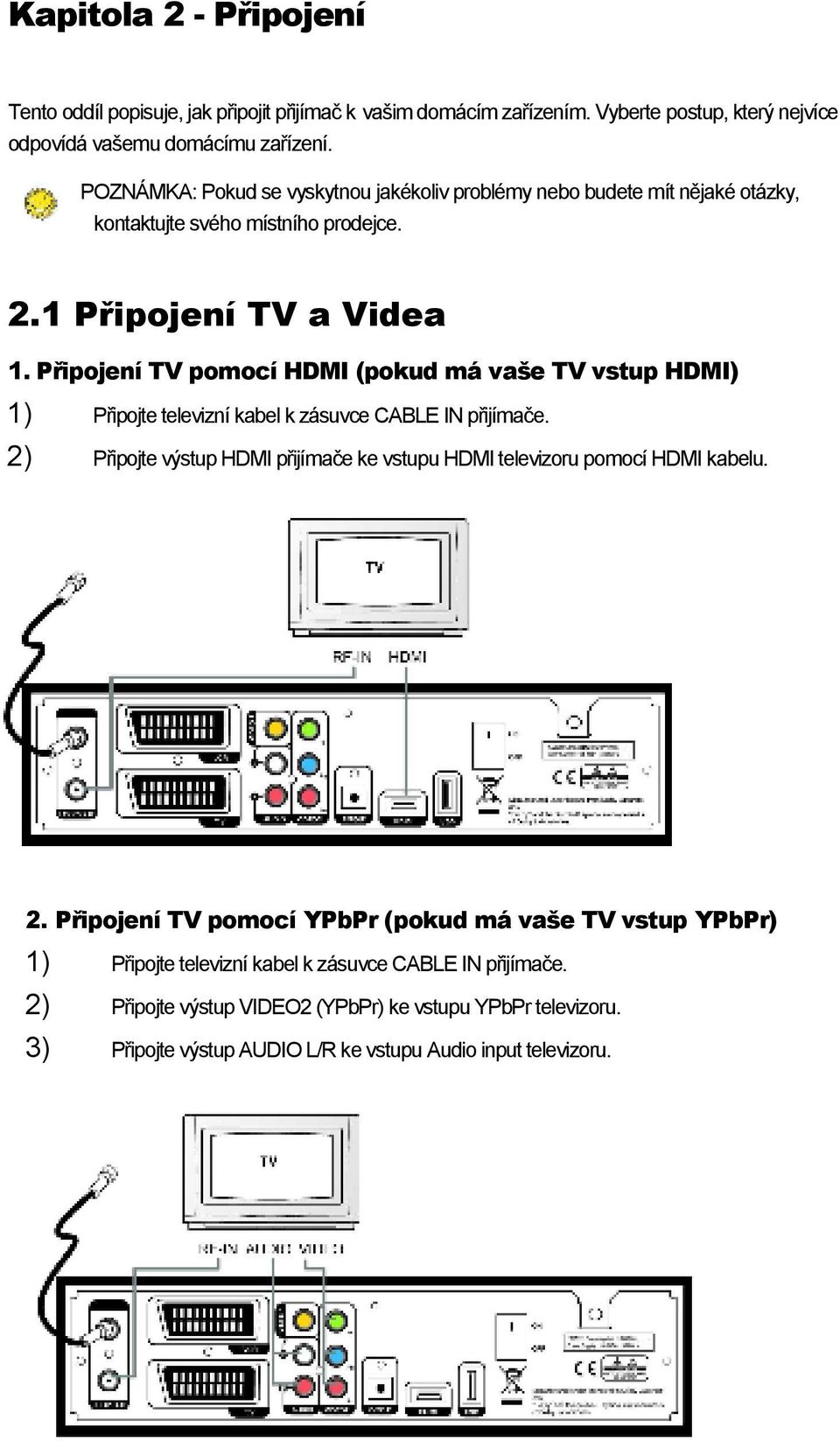 Připojení TV pomocí HDMI (pokud má vaše TV vstup HDMI) 1) Připojte televizní kabel k zásuvce CABLE IN přijímače.
