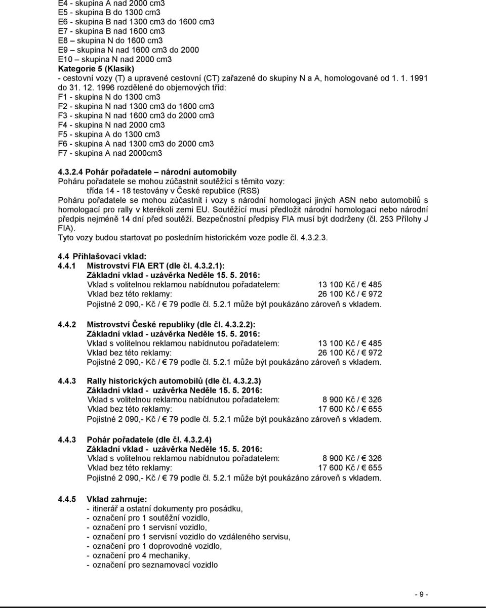 1996 rozdělené do objemových tříd: F1 - skupina N do 1300 cm3 F2 - skupina N nad 1300 cm3 do 1600 cm3 F3 - skupina N nad 1600 cm3 do 2000 cm3 F4 - skupina N nad 2000 cm3 F5 - skupina A do 1300 cm3 F6