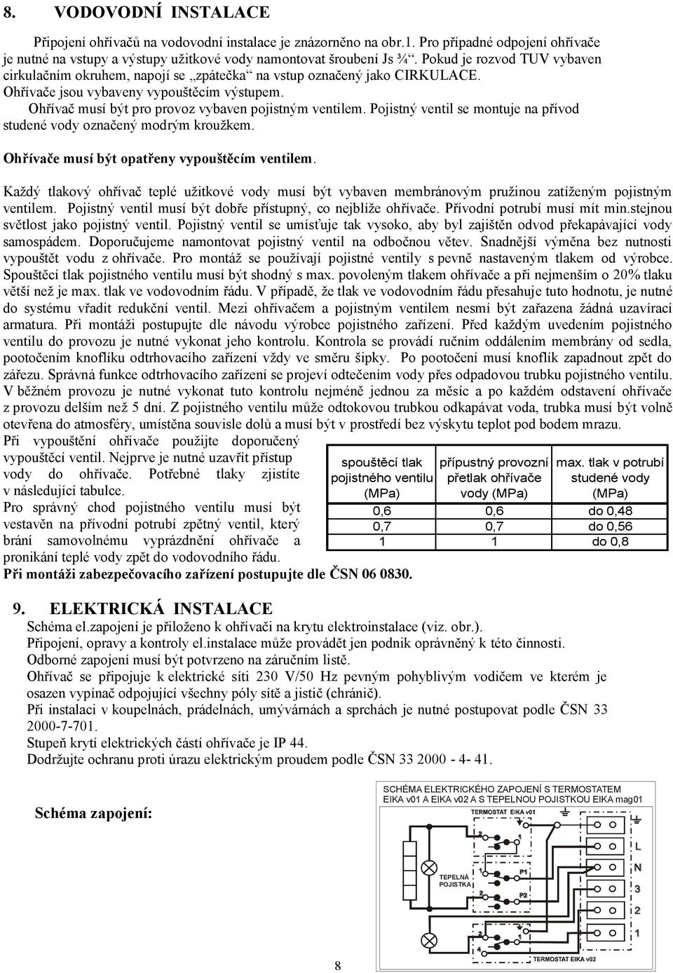 Ohřívač musí být pro provoz vybaven pojistným ventilem. Pojistný ventil se montuje na přívod studené vody označený modrým kroužkem. Ohřívače musí být opatřeny vypouštěcím ventilem.