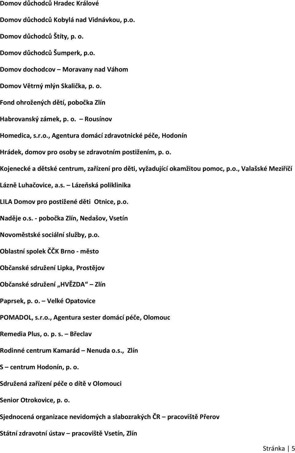 o., Valašské Meziříčí Lázně Luhačovice, a.s. Lázeňská poliklinika LILA Domov pro postižené děti Otnice, p.o. Naděje o.s. - pobočka Zlín, Nedašov, Vsetín Novoměstské sociální služby, p.o. Oblastní spolek ČČK Brno - město Občanské sdružení Lipka, Prostějov Občanské sdružení HVĚZDA Zlín Paprsek, p.