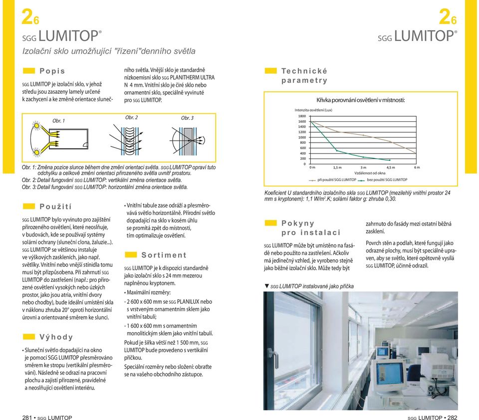Vnitřní sklo je čiré sklo nebo ornamentní sklo, speciálně vyvinuté pro SGG LUMITOP. Obr. 2 Obr. 3 Intenzita osvětlení (Lux) Křivka porovnání osvětlení v místnosti: Obr.