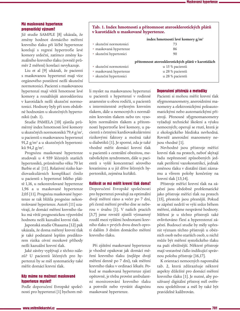 průměr 2 měření) korelaci nevykazuje. Liu et al [9] ukázali, že pacienti s maskovanou hypertenzí mají více orgánového postižení nežli skuteční normotonici.