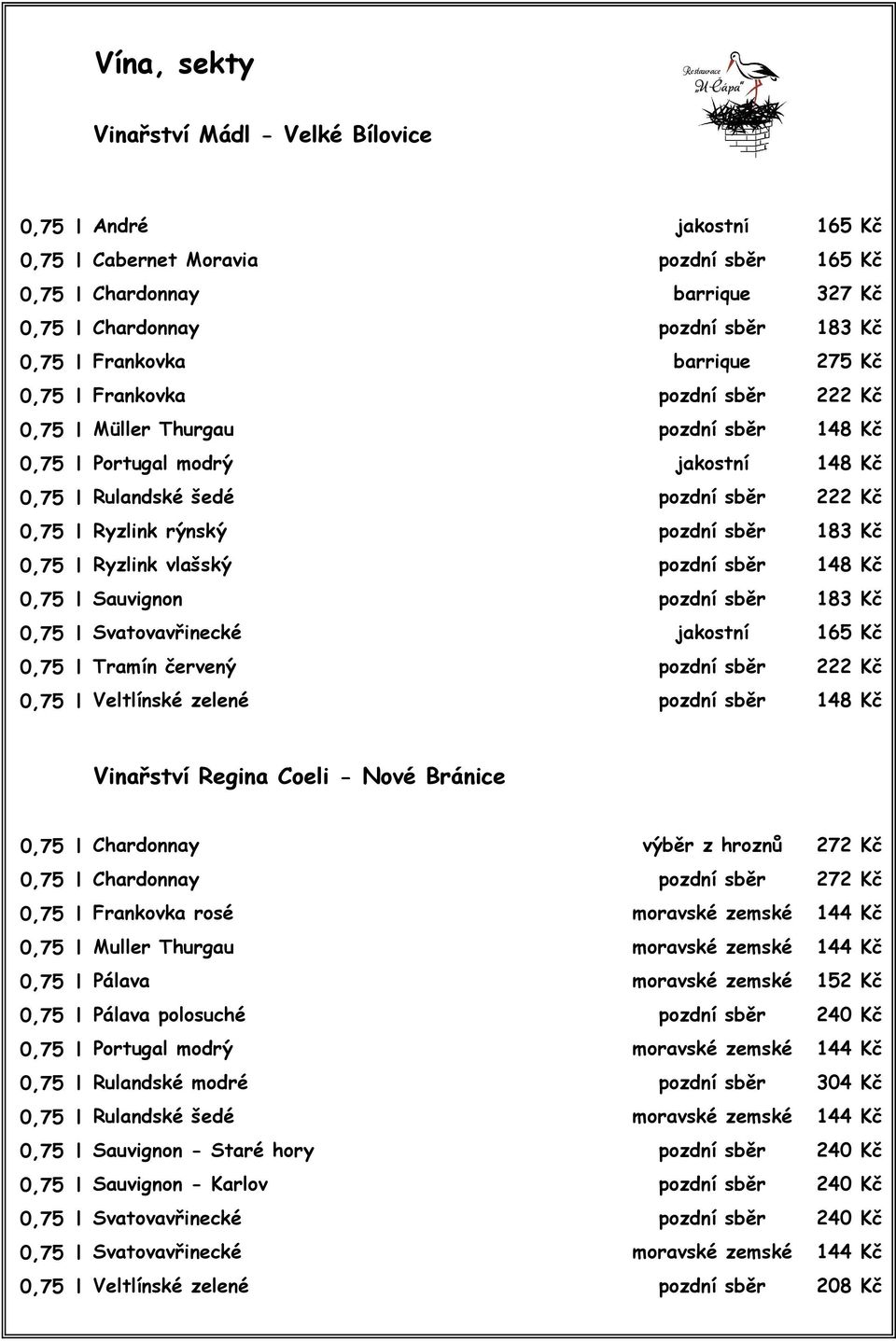 rýnský pozdní sběr 183 Kč 0,75 l Ryzlink vlašský pozdní sběr 148 Kč 0,75 l Sauvignon pozdní sběr 183 Kč 0,75 l Svatovavřinecké jakostní 165 Kč 0,75 l Tramín červený pozdní sběr 222 Kč 0,75 l