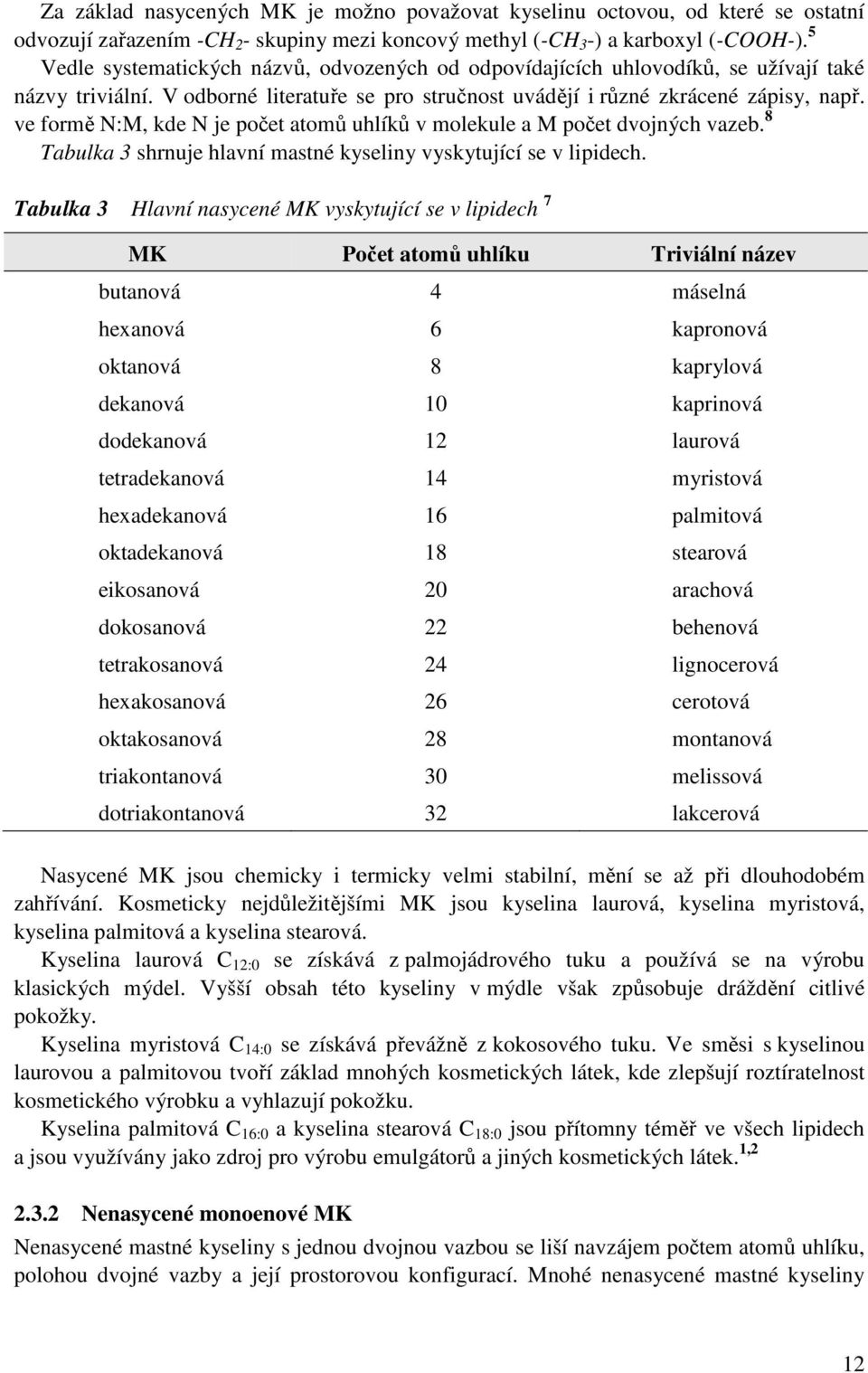 ve formě N:M, kde N je počet atomů uhlíků v molekule a M počet dvojných vazeb. 8 Tabulka 3 shrnuje hlavní mastné kyseliny vyskytující se v lipidech.
