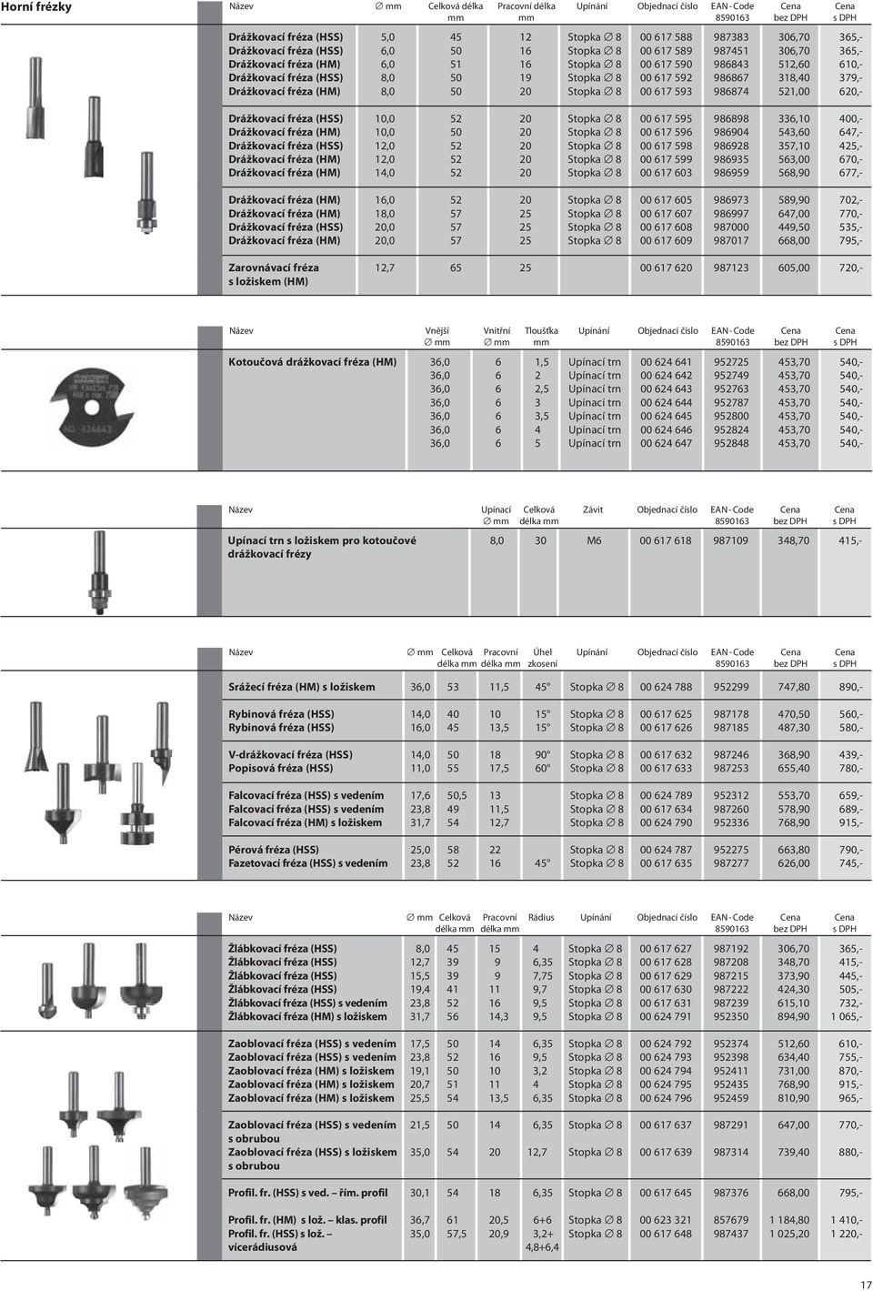 Drážkovací fréza (HM) 8,0 50 20 Stopka 8 00 617 593 986874 521,00 620,- Drážkovací fréza (HSS) 10,0 52 20 Stopka 8 00 617 595 986898 336,10 400,- Drážkovací fréza (HM) 10,0 50 20 Stopka 8 00 617 596