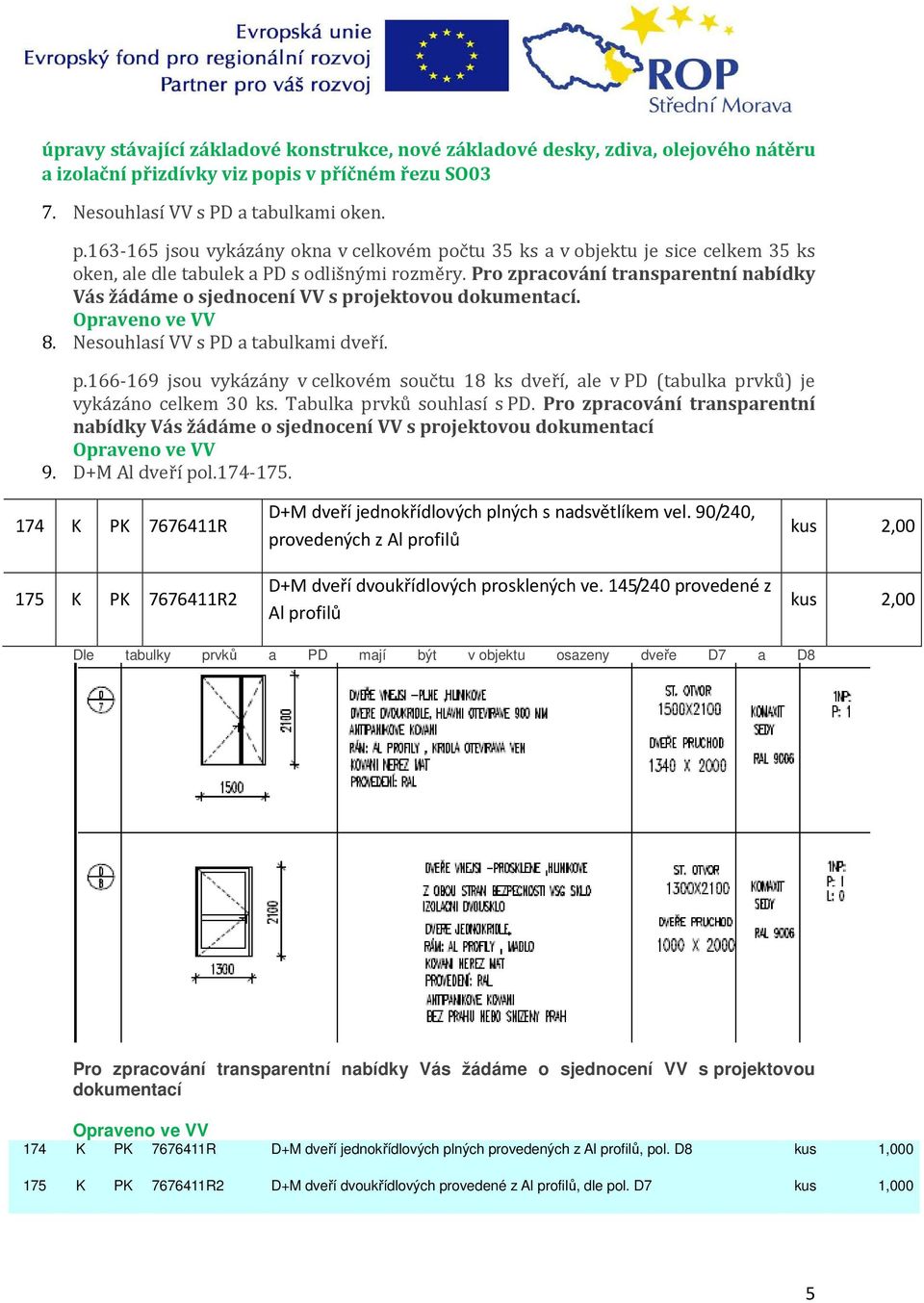 Pro zpracování transparentní nabídky Vás žádáme o sjednocení VV s projektovou dokumentací. Opraveno ve VV 8. Nesouhlasí VV s PD a tabulkami dveří. p.166-169 jsou vykázány v celkovém součtu 18 ks dveří, ale v PD (tabulka prvků) je vykázáno celkem 30 ks.