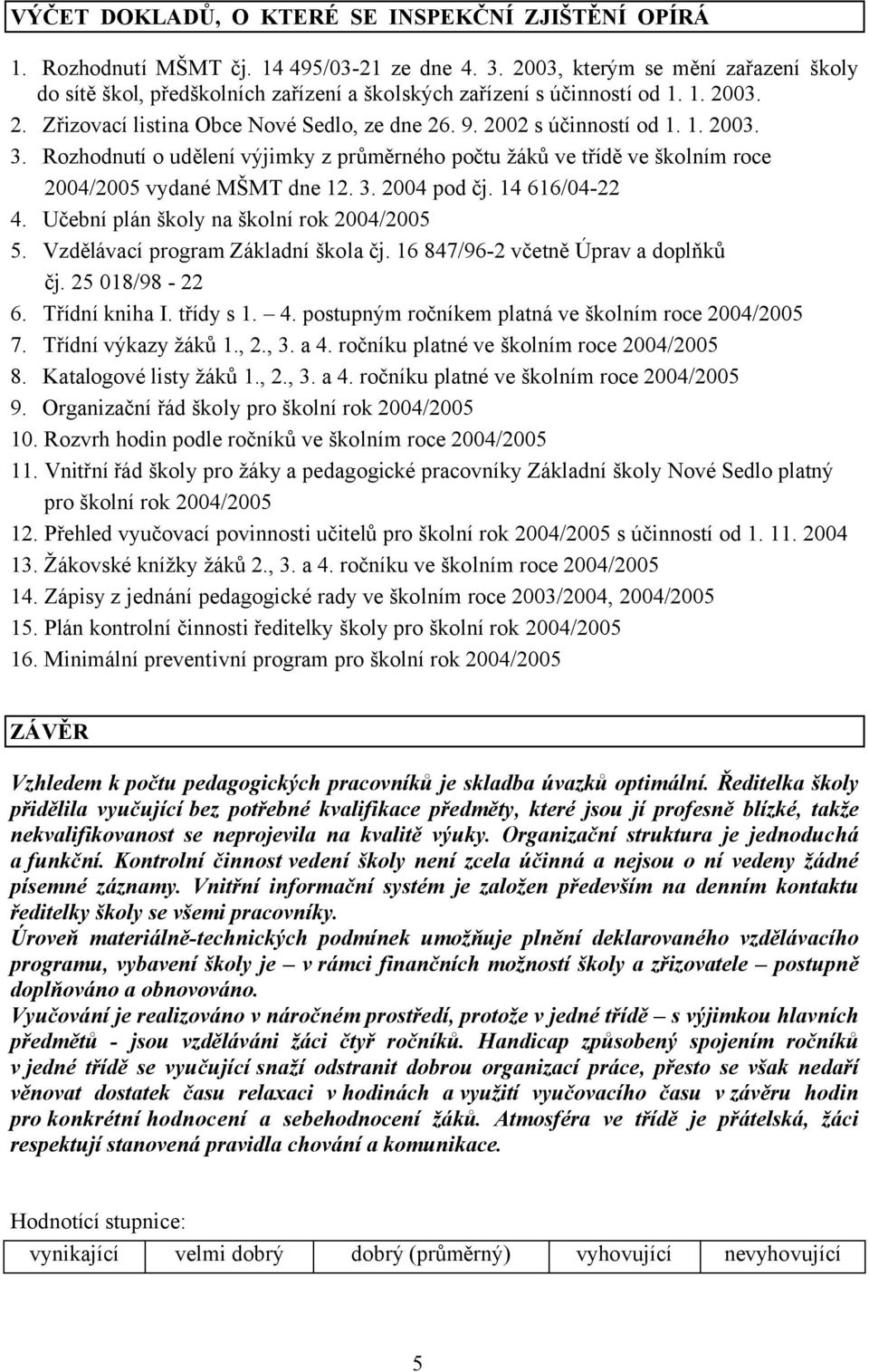 Rozhodnutí o udělení výjimky z průměrného počtu žáků ve třídě ve školním roce 2004/2005 vydané MŠMT dne 12. 3. 2004 pod čj. 14 616/04-22 4. Učební plán školy na školní rok 2004/2005 5.