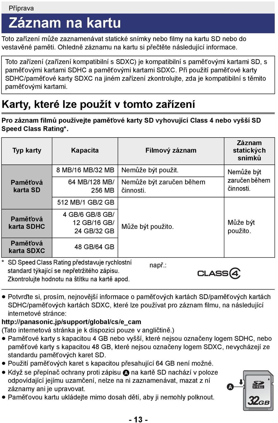 Při použití paměťové karty SDHC/paměťové karty SDXC na jiném zařízení zkontrolujte, zda je kompatibilní s těmito paměťovými kartami.