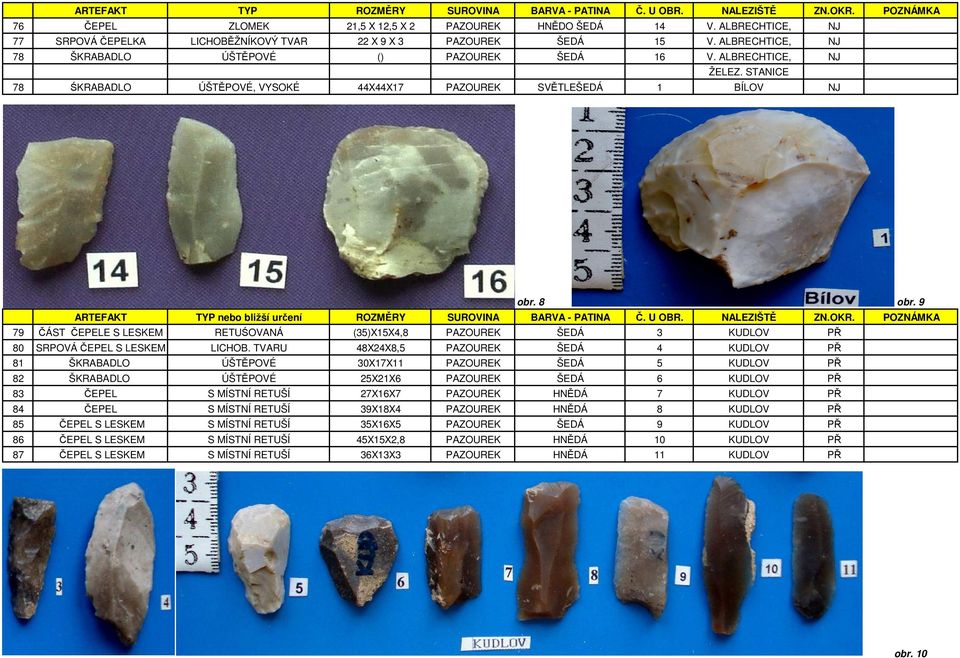 STANICE 78 ŚKRABADLO ÚŠTĚPOVÉ, VYSOKÉ 44X44X17 PAZOUREK SVĚTLEŠEDÁ 1 BÍLOV NJ obr. 8 obr. 9 ARTEFAKT TYP nebo bližší určení ROZMĚRY SUROVINA BARVA - PATINA Č. U OBR. NALEZIŠTĚ ZN.OKR.