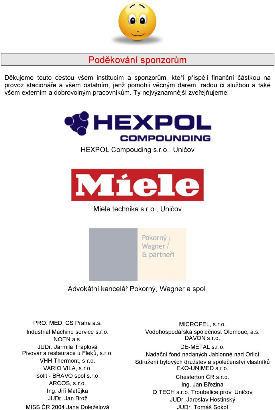 r.o. NOEN a.s. JUDr. Jarmila Traplová Pivovar a restaurace u Fleků, s.r.o. VHH Thermont, s.r.o. VARIO VILA, s.r.o. Isolit - BRAVO spol s.r.o. ARCOS, s.r.o. Ing. Jiří Matějka JUDr.