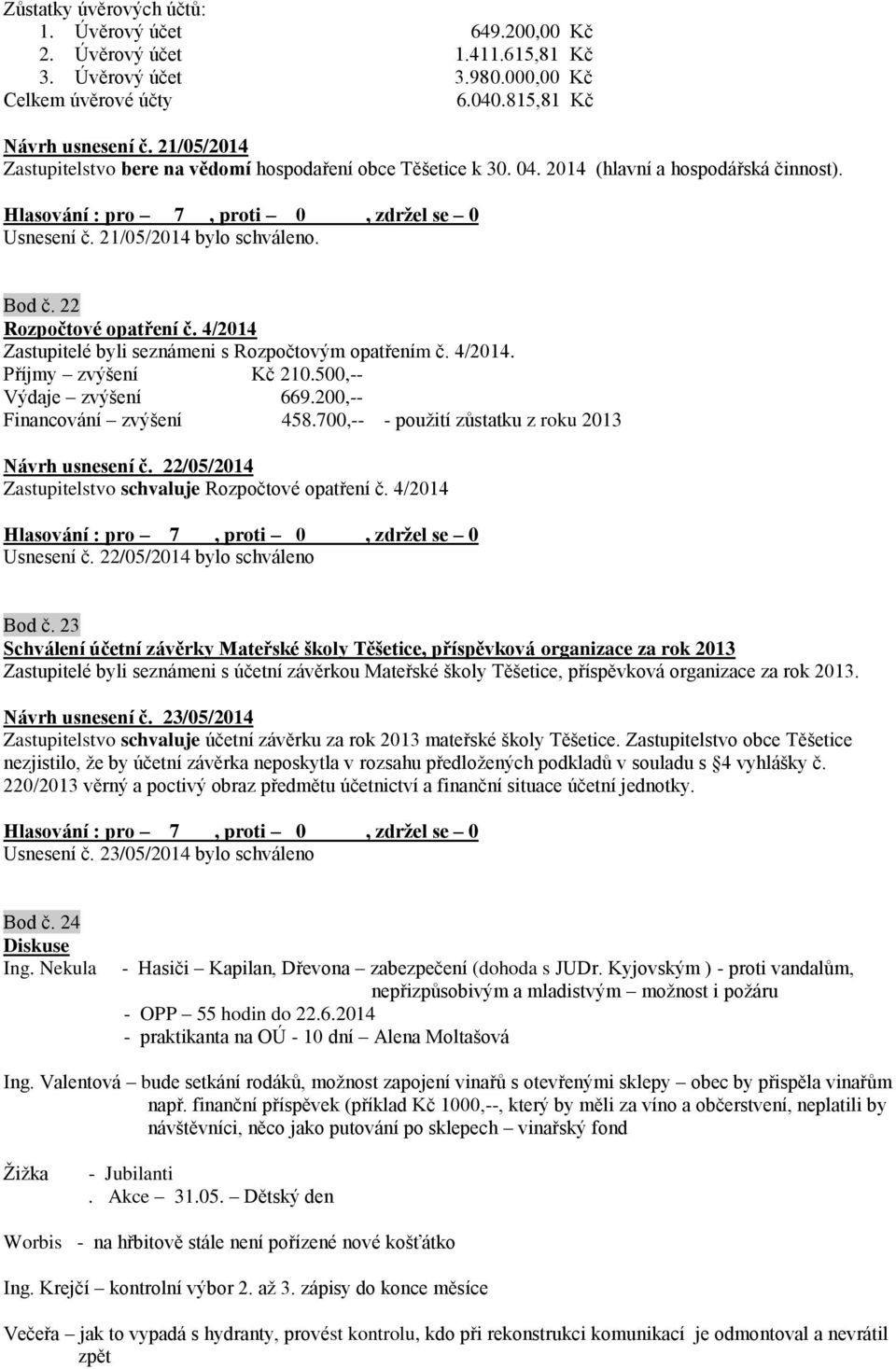 4/2014 Zastupitelé byli seznámeni s Rozpočtovým opatřením č. 4/2014. Příjmy zvýšení Kč 210.500,-- Výdaje zvýšení 669.200,-- Financování zvýšení 458.