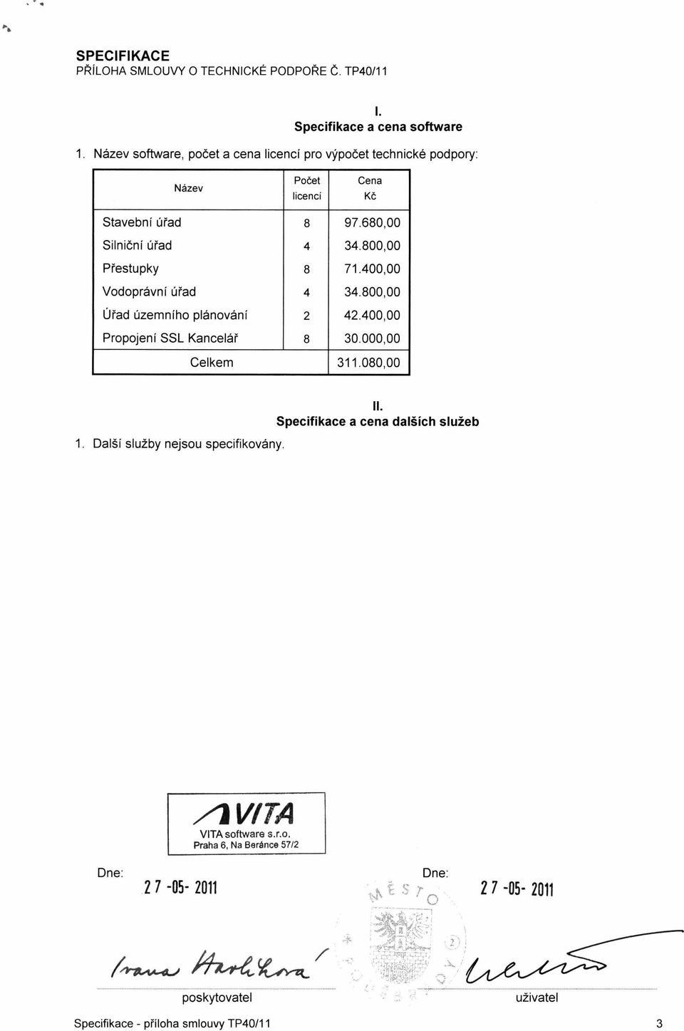 800,00 Přestupky 8 71.400,00 Vodoprávní úřad 4 34.800,00 Úřad územního plánování 2 42.400,00 Propojení SSL Kancelář 8 30.000,00 Celkem 311.080,00 1.