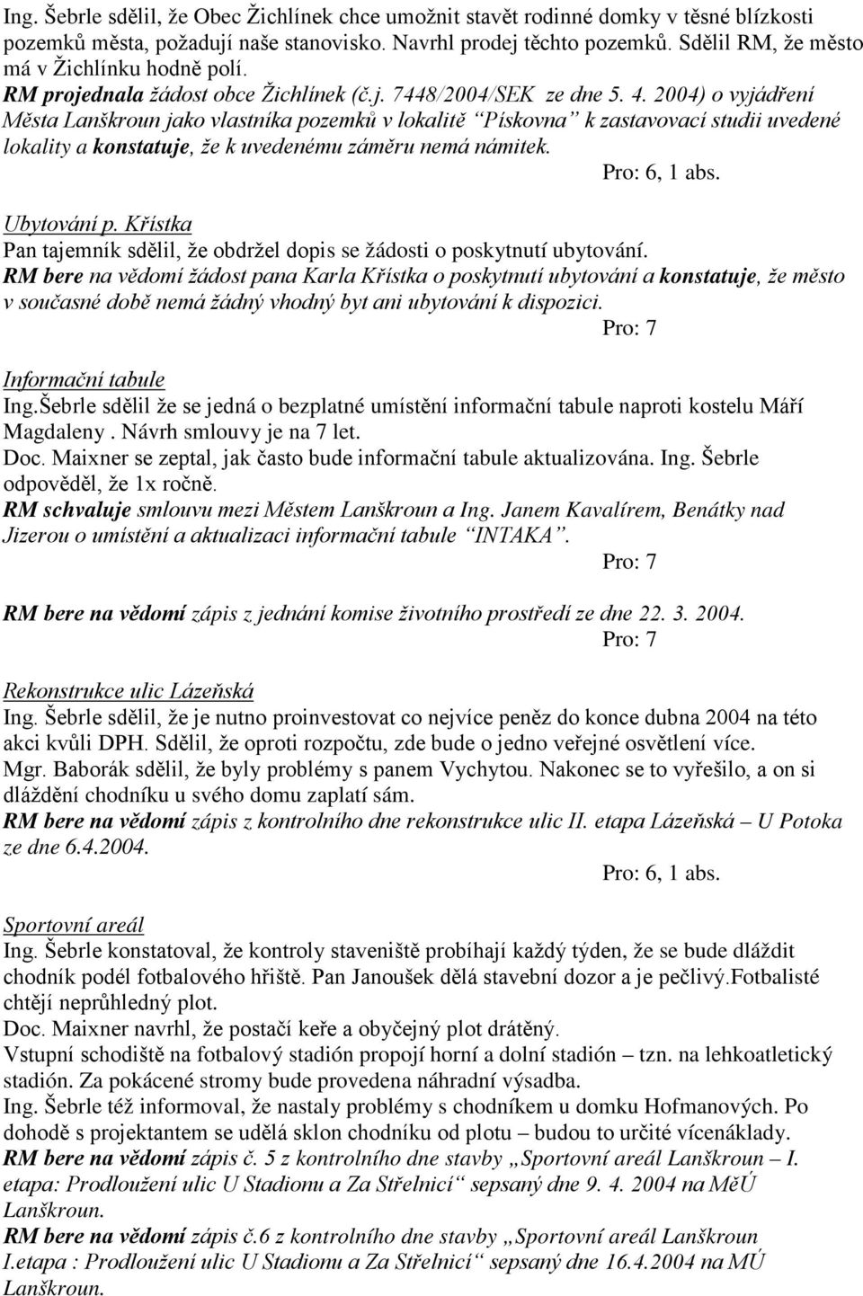 2004) o vyjádření Města Lanškroun jako vlastníka pozemků v lokalitě Pískovna k zastavovací studii uvedené lokality a konstatuje, že k uvedenému záměru nemá námitek. Ubytování p.