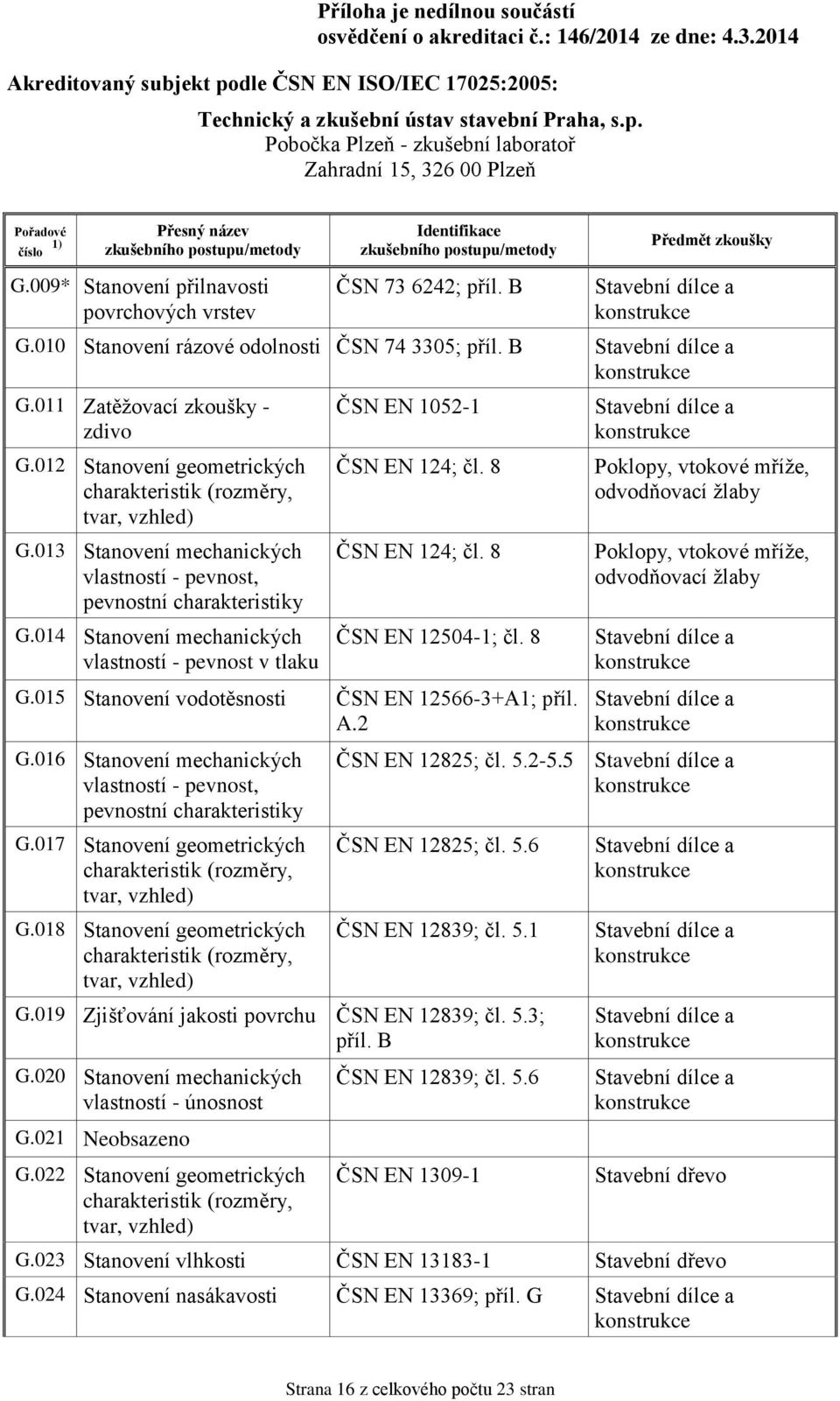 015 Stanovení vodotěsnosti ČSN EN 12566-3+A1; příl. A.2 G.016 Stanovení mechanických vlastností - pevnost, pevnostní charakteristiky G.017 Stanovení geometrických G.