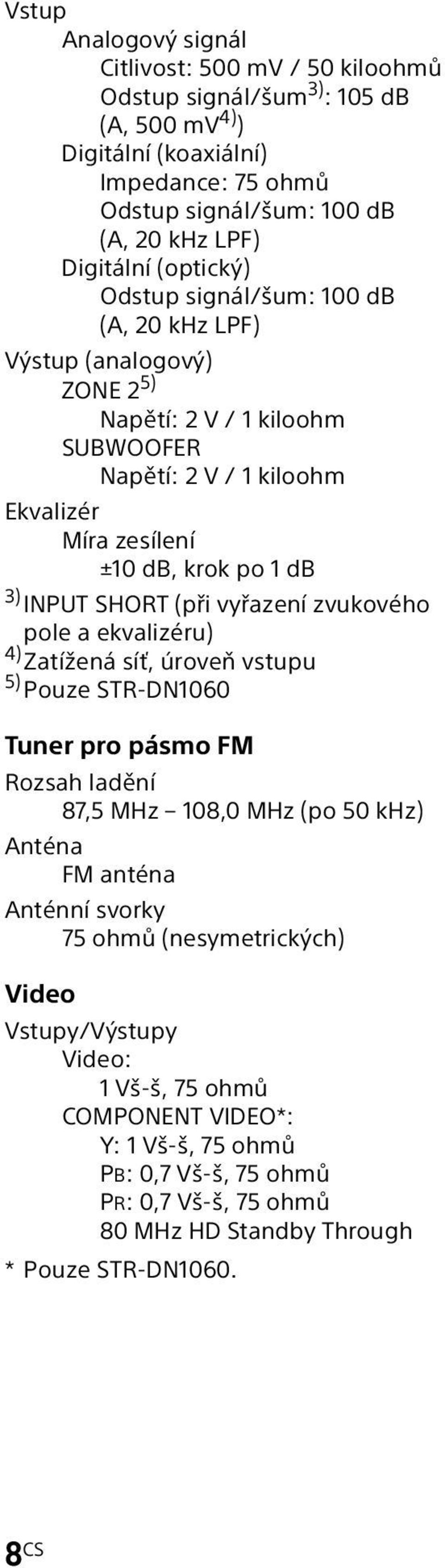 SHORT (při vyřazení zvukového pole a ekvalizéru) 4) Zatížená síť, úroveň vstupu 5) Pouze STR-DN1060 Tuner pro pásmo FM Rozsah ladění 87,5 MHz 108,0 MHz (po 50 khz) Anténa FM anténa Anténní svorky