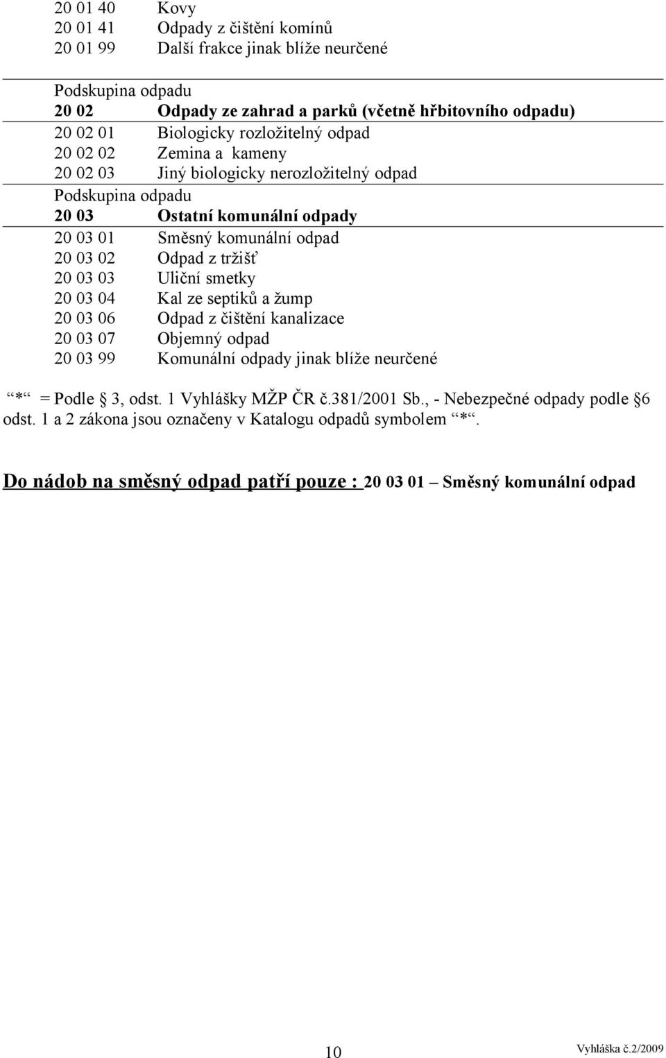 tržišť 20 03 03 Uliční smetky 20 03 04 Kal ze septiků a žump 20 03 06 Odpad z čištění kanalizace 20 03 07 Objemný odpad 20 03 99 Komunální odpady jinak blíže neurčené * = Podle 3, odst.