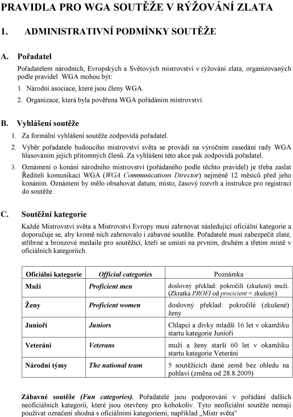 Organizace, která byla pověřena WGA pořádáním mistrovství. B. Vyhlášení soutěže 1. Za formální vyhlášení soutěže zodpovídá pořadatel. 2.