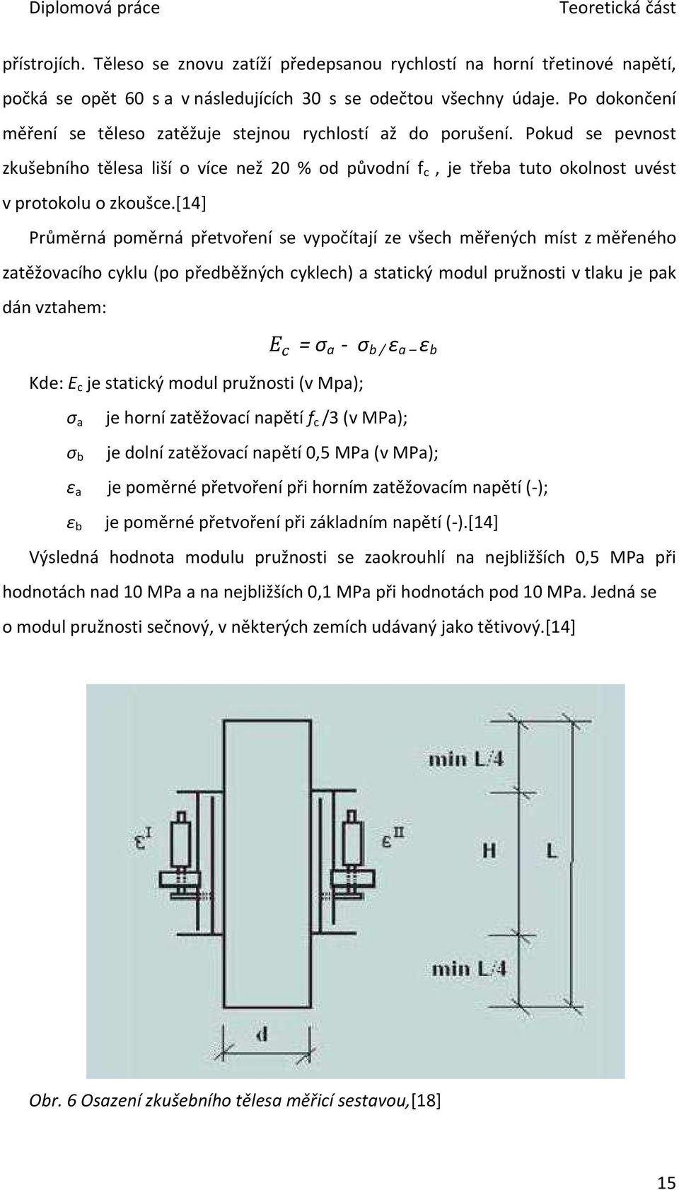 [14] Průměrná poměrná přetvoření se vypočítají ze všech měřených míst z měřeného zatěžovacího cyklu (po předběžných cyklech) a statický modul pružnosti v tlaku je pak dán vztahem: = σ a - σ b / ε a ε