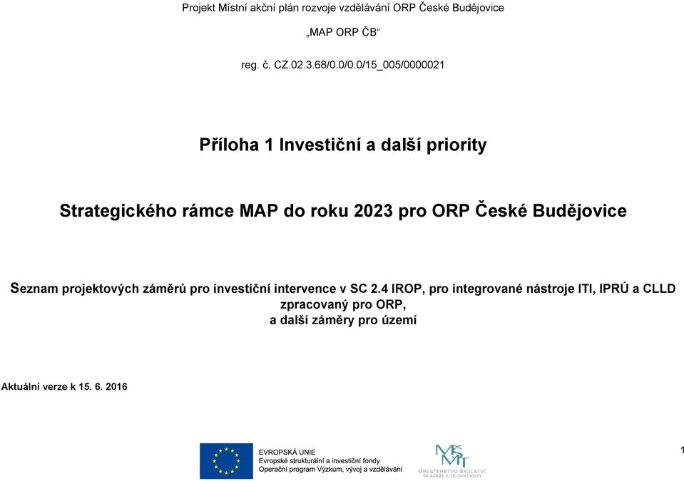pro ORP Seznam projektových záměrů pro investiční intervence v SC 2.