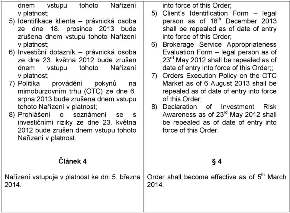 května 2012 bude zrušen dnem vstupu tohoto Nařízení v platnost; 7) Politika provádění pokynů na mimoburzovním trhu (OTC) ze dne 6.