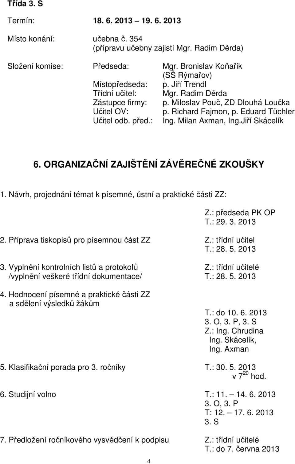 ORGANIZAČNÍ ZAJIŠTĚNÍ ZÁVĚREČNÉ ZKOUŠKY 1. Návrh, projednání témat k písemné, ústní a praktické části ZZ: Z.: předseda PK OP T.: 29. 3. 2013 2. Příprava tiskopisů pro písemnou část ZZ Z.