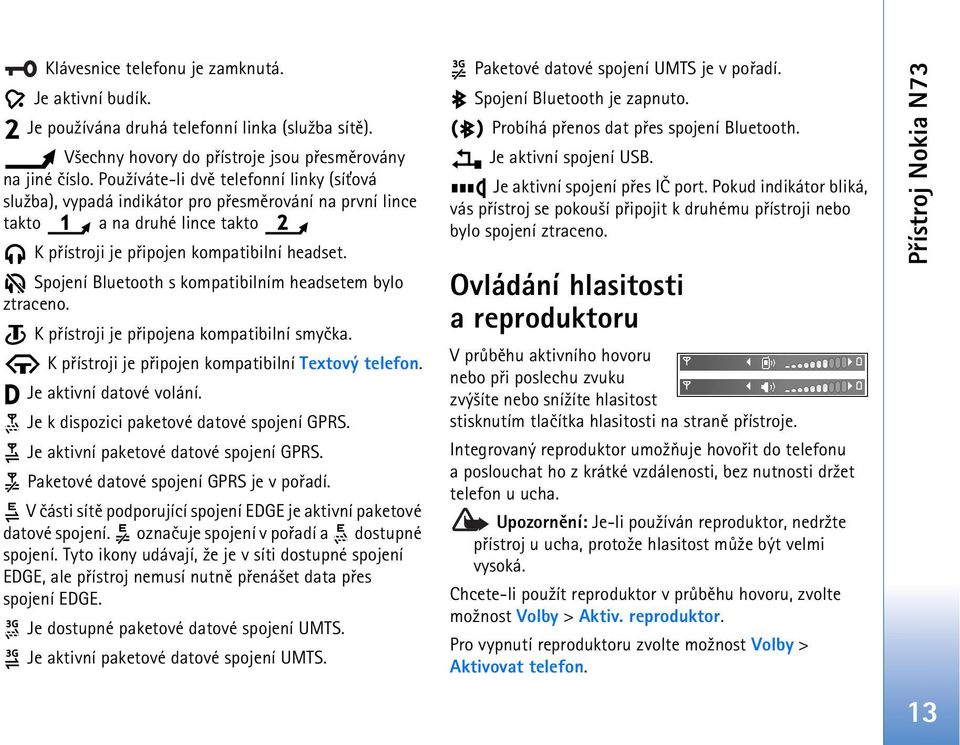 Spojení Bluetooth s kompatibilním headsetem bylo ztraceno. K pøístroji je pøipojena kompatibilní smyèka. K pøístroji je pøipojen kompatibilní Textový telefon. Je aktivní datové volání.