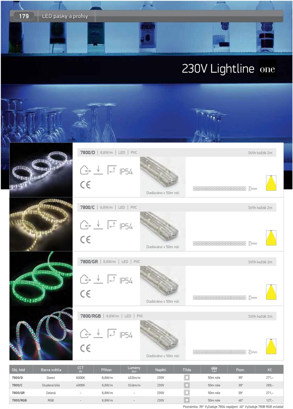 Střih každé 2m Dodáváno v 50m roli 21mm (K) Příkon (lm) Napětí Třída 7800/D 6,6W/m 432lm/m 39* 271, 7800/C 00K 6,6W/m 324lm/m