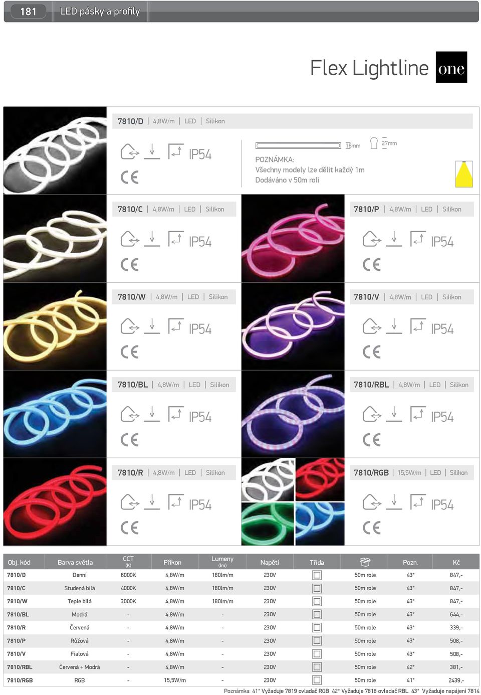 Třída 180lm/m 43* 847, 7810/C 00K 180lm/m 43* 847, 7810/W 180lm/m 43* 847, 7810/BL Modrá 43* 644, 7810/R Červená 43* 339, 7810/P Růžová 43* 508, 7810/V Fialová 43*