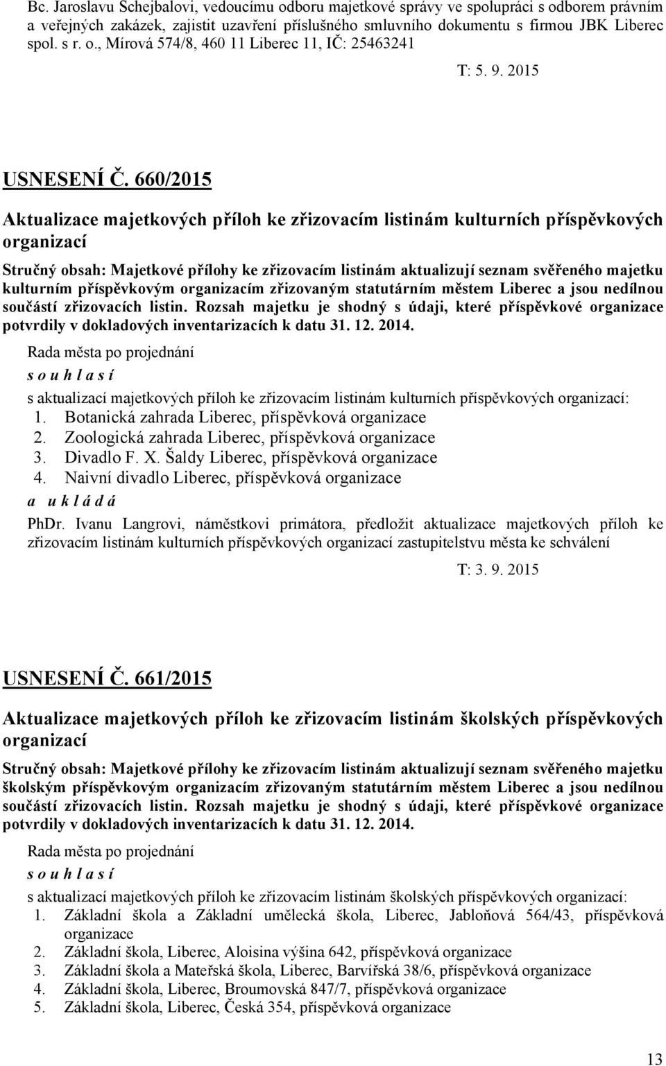 660/2015 Aktualizace majetkových příloh ke zřizovacím listinám kulturních příspěvkových organizací Stručný obsah: Majetkové přílohy ke zřizovacím listinám aktualizují seznam svěřeného majetku