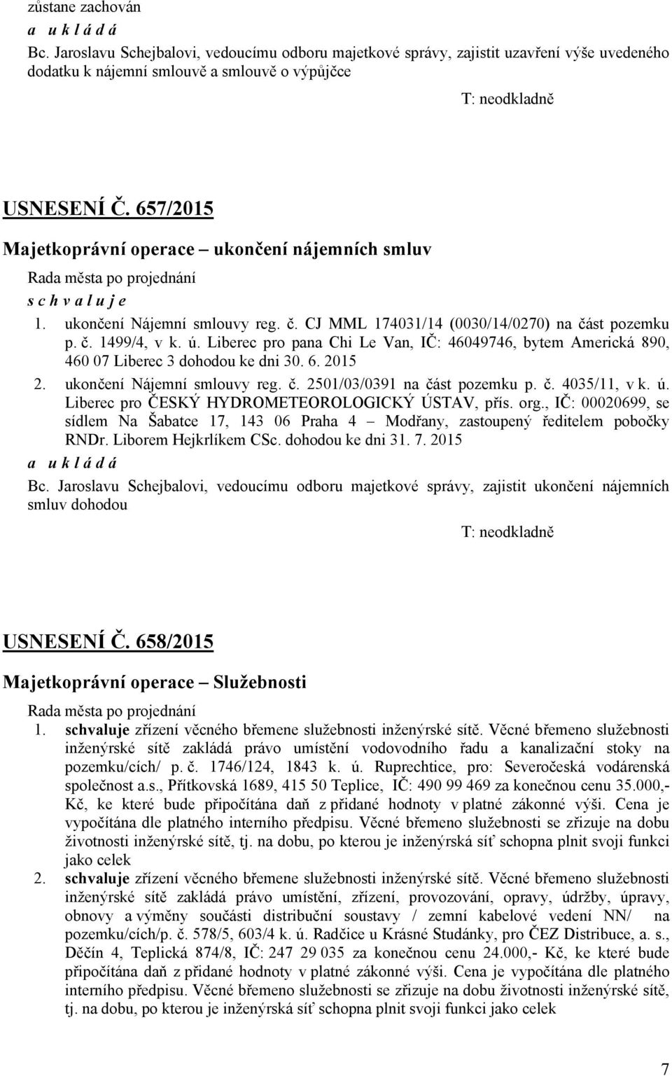 Liberec pro pana Chi Le Van, IČ: 46049746, bytem Americká 890, 460 07 Liberec 3 dohodou ke dni 30. 6. 2015 2. ukončení Nájemní smlouvy reg. č. 2501/03/0391 na část pozemku p. č. 4035/11, v k. ú.