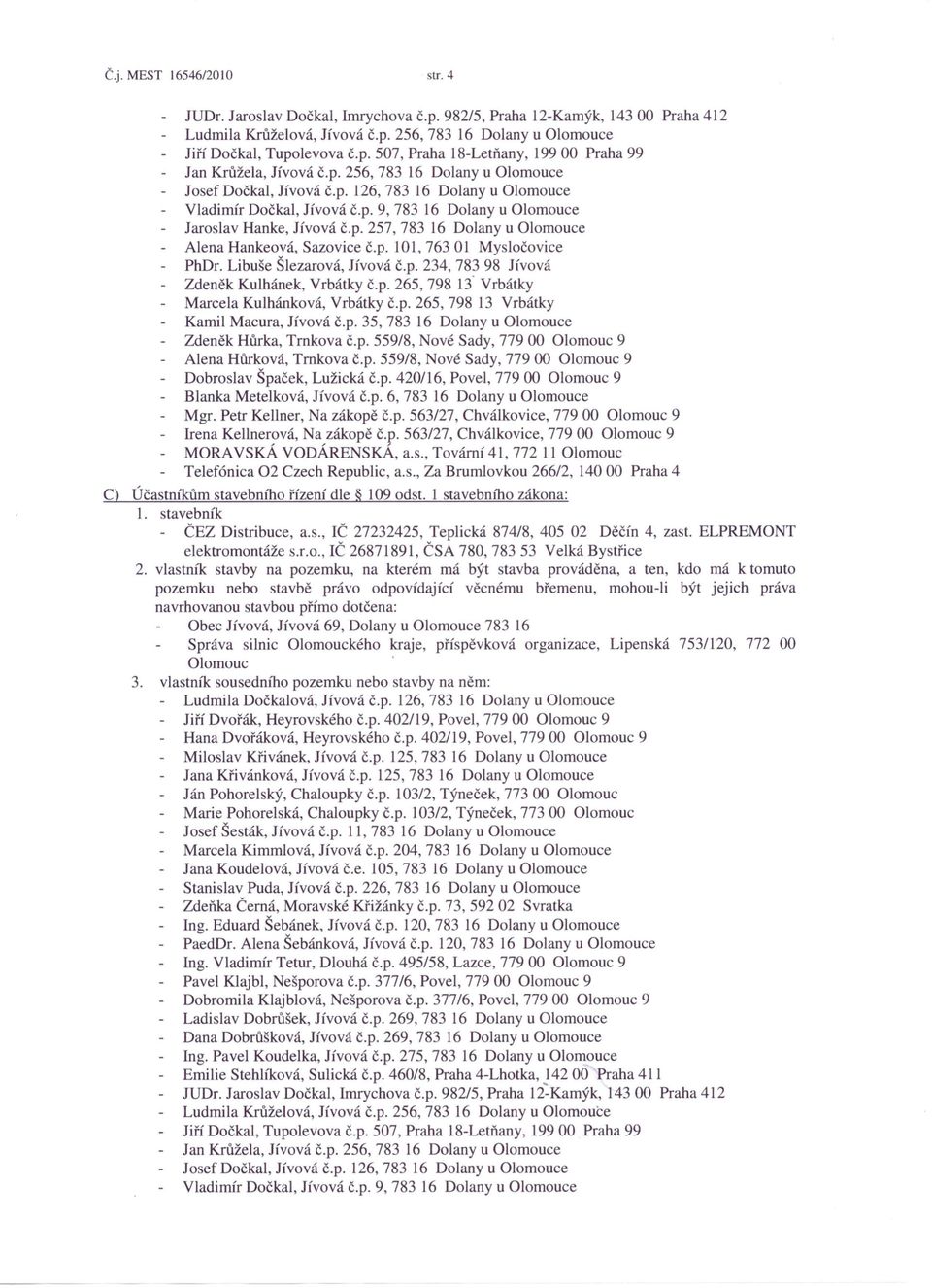 p. 101,76301 Mysločovice PhDr. Libuše Šlezarová, Jívová č.p. 234, 783 98 Jívová Zdeněk Kulhánek, Vrbátky č.p. 265,798 13- Vrbátky Marcela Kulhánková, Vrbátky č.p. 265, 798 13 Vrbátky Kamil Macura, Jívová č.