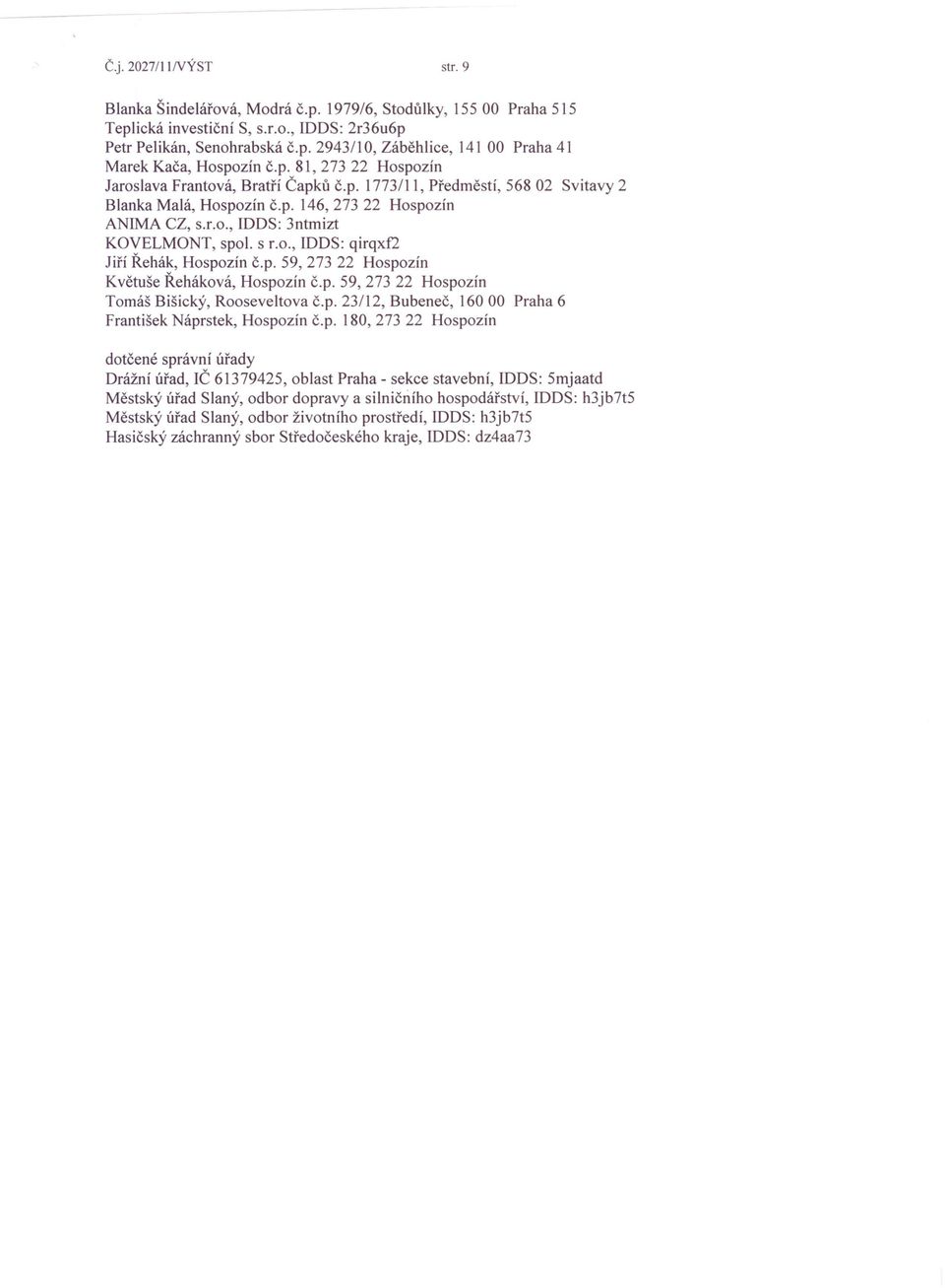 p. 59, 273 22 Hospozín Květuše Řeháková, Hospozín č.p. 59,27322 Hospozín Tomáš Bišický, Rooseveltova č.p. 23/12, Bubeneč, 16000 Praha 6 František Náprstek, Hospozín č.p. 180, 273 22 Hospozín dotčené