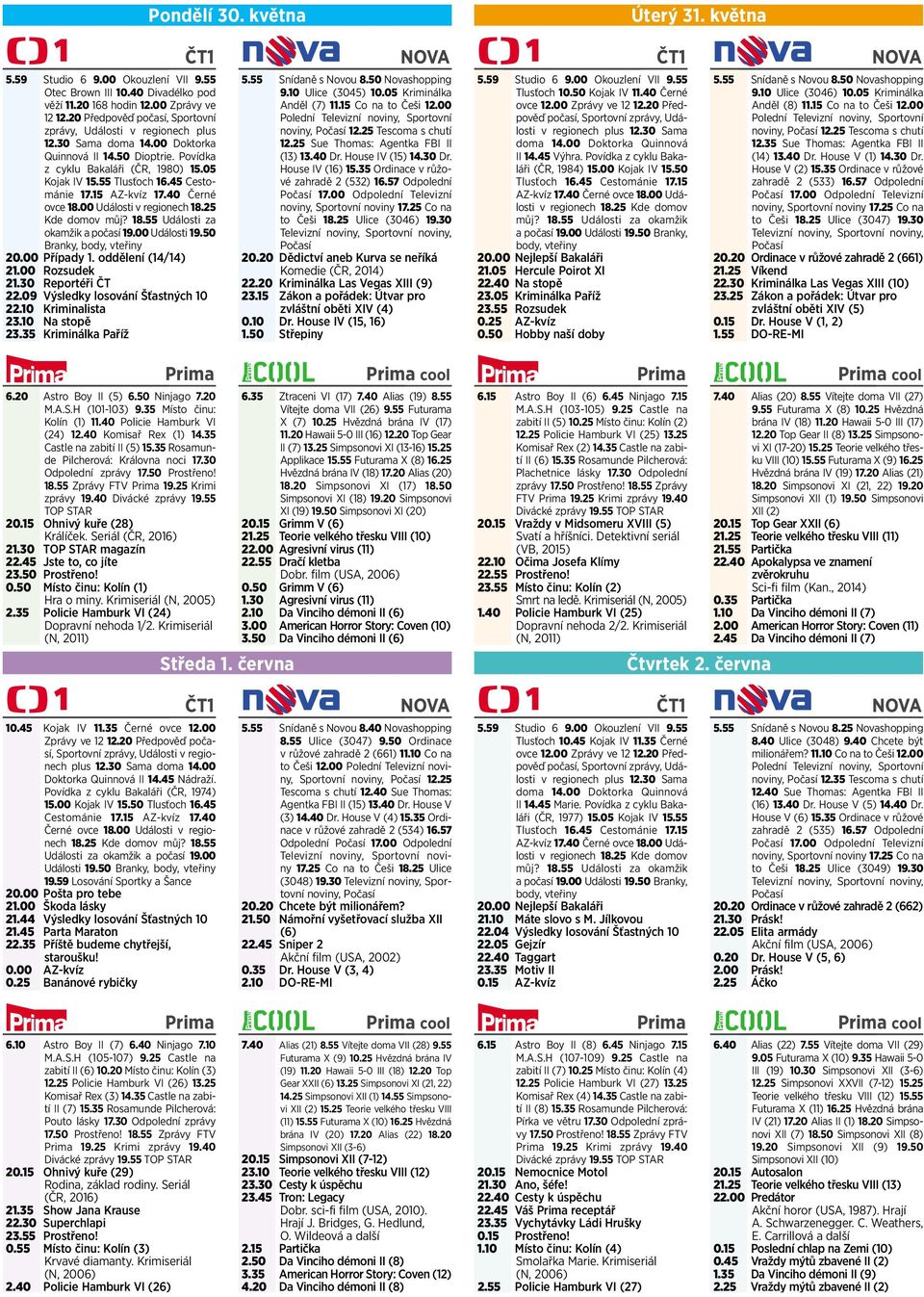 45 Cestománie 17.15 AZ-kvíz 17.40 Černé ovce 18.00 Události v regionech 18.25 Kde domov můj? 18.55 Události za okamžik a počasí 19.00 Události 19.50 Branky, body, vteřiny 20.00 Případy 1.