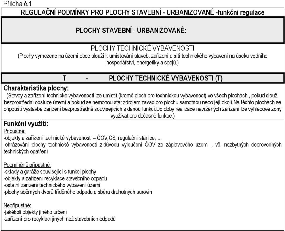 ) T - PLOCHY TECHNICKÉ VYBAVENOSTI (T) (Stavby a zařízení technické vybavenosti lze umístit (kromě ploch pro technickou vybavenost) ve všech plochách, pokud slouží bezprostřední obsluze území a pokud