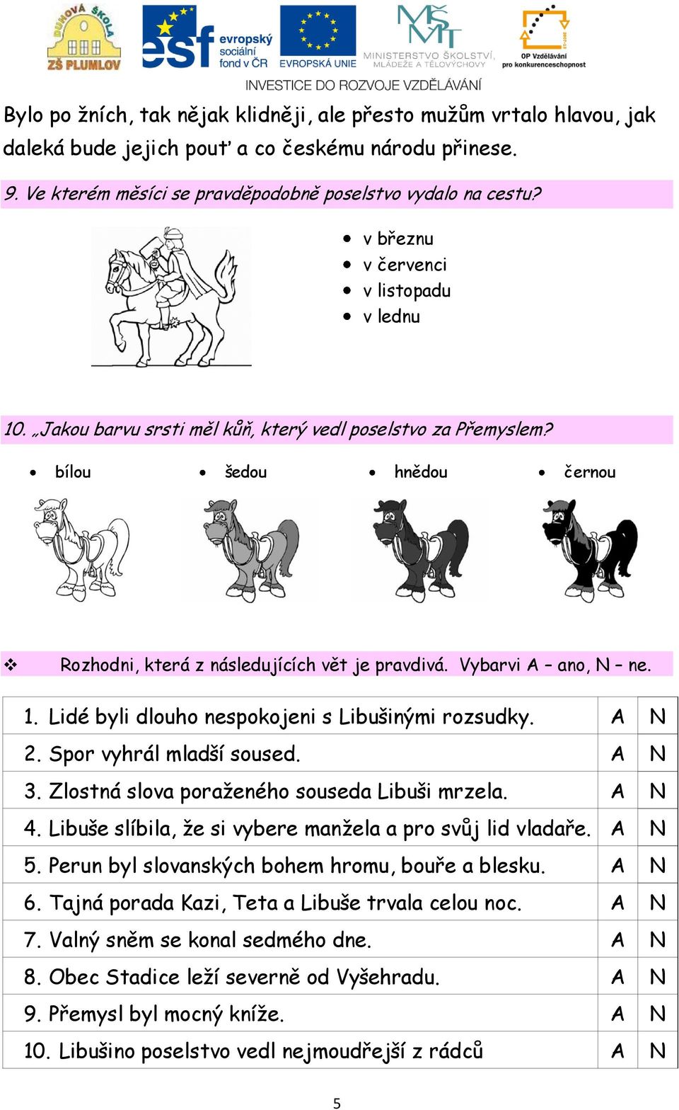 Vybarvi A ano, N ne. 1. Lidé byli dlouho nespokojeni s Libušinými rozsudky. A N 2. Spor vyhrál mladší soused. A N 3. Zlostná slova poraženého souseda Libuši mrzela. A N 4.