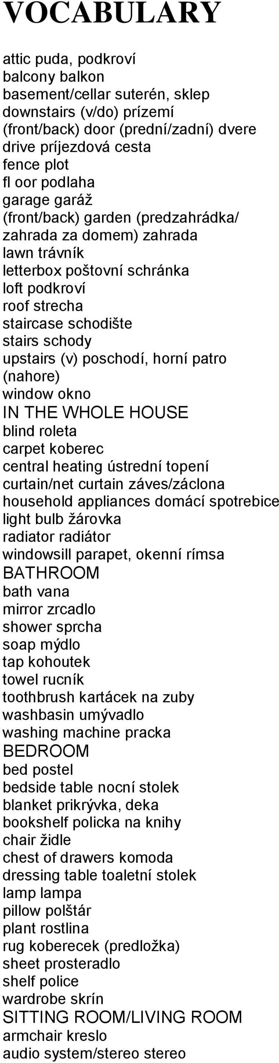 patro (nahore) window okno IN THE WHOLE HOUSE blind roleta carpet koberec central heating ústrední topení curtain/net curtain záves/záclona household appliances domácí spotrebice light bulb žárovka