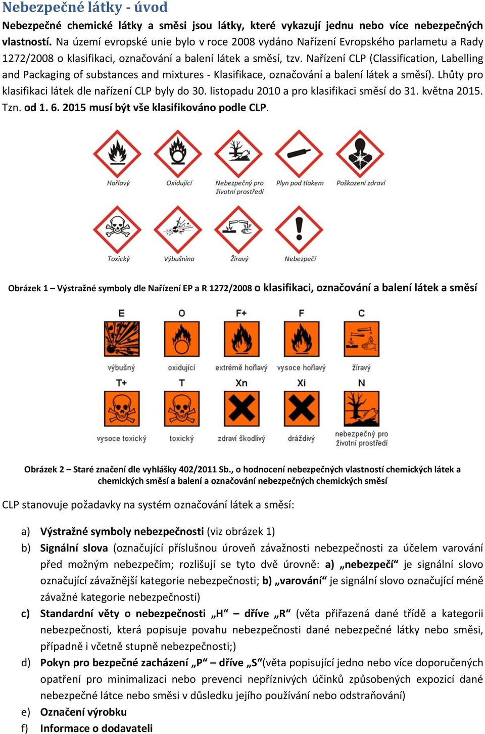 Nařízení CLP (Classification, Labelling and Packaging of substances and mixtures - Klasifikace, označování a balení látek a směsí). Lhůty pro klasifikaci látek dle nařízení CLP byly do 30.