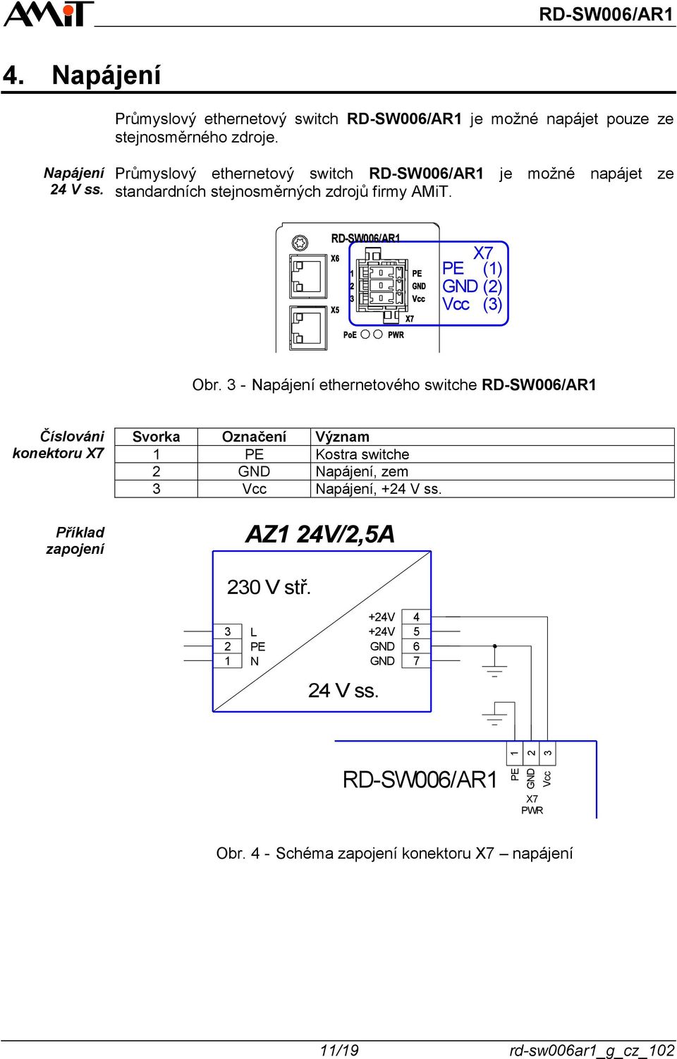 3 - Napájení ethernetového switche Číslováni konektoru X7 Příklad zapojení Svorka Označení Význam 1 PE Kostra switche 2 GND Napájení, zem 3