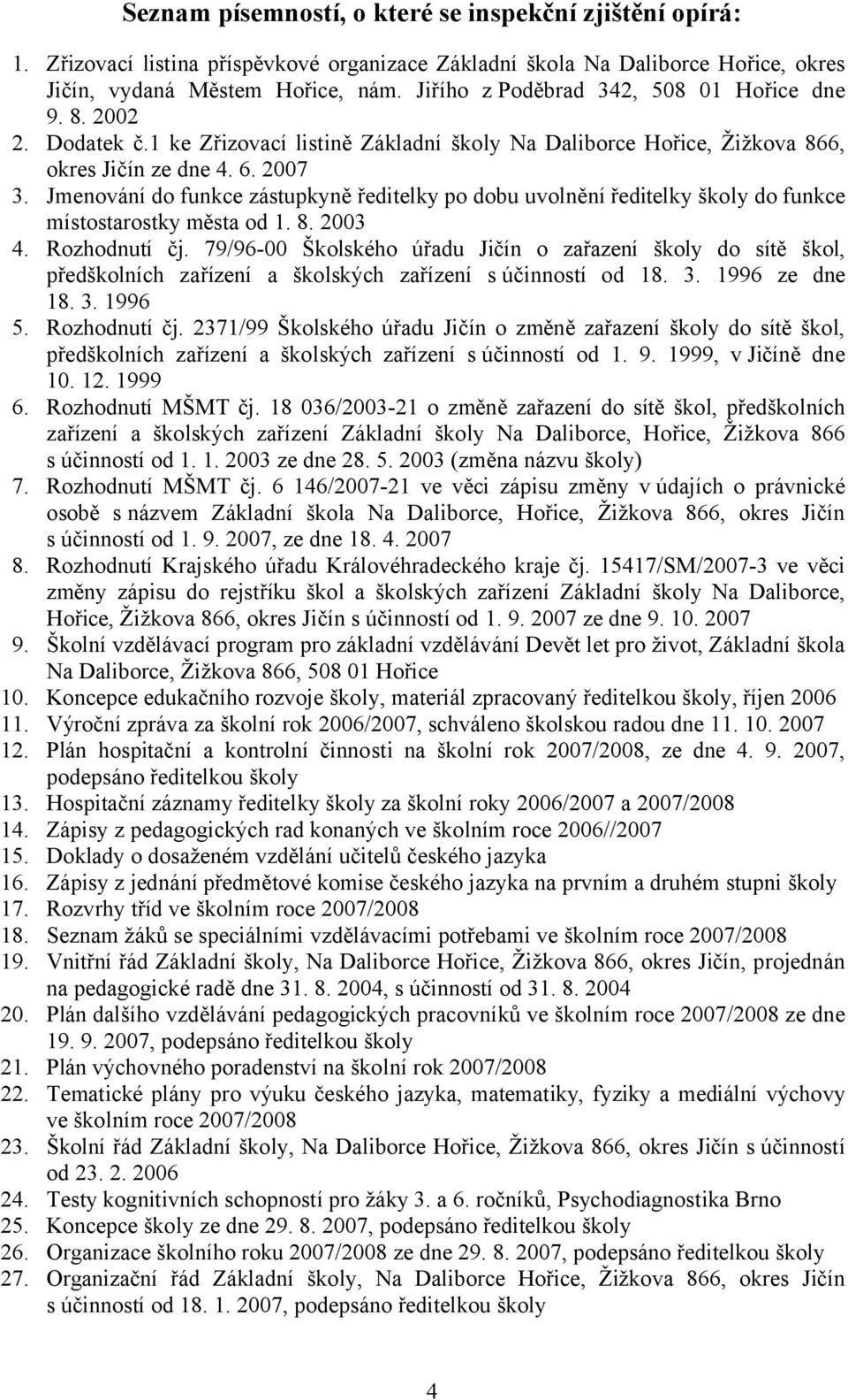 Jmenování do funkce zástupkyně ředitelky po dobu uvolnění ředitelky školy do funkce místostarostky města od 1. 8. 2003 4. Rozhodnutí čj.