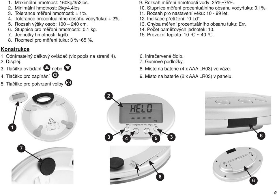 Chyba měření procentuálního obsahu tuku: Err. 6. Stupnice pro měření hmotnosti:: 0.1 kg. 14. Počet paměťových jednotek: 10. 7. Jednotky hmotnosti: kg/lb. 15. Provozní teplota: 10 C ~ 40 C. 8.