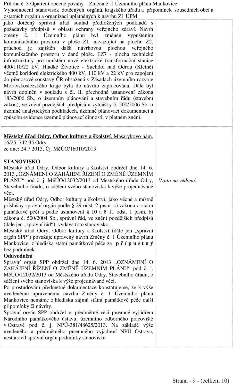 EZ7 - plocha technické infrastruktury pro umístění nové elektrické transformační stanice 400/110/22 kv, Hladké Životice - Suchdol nad Odrou (Kletné) včetně koridorů elektrického 400 kv, 110 kv a 22