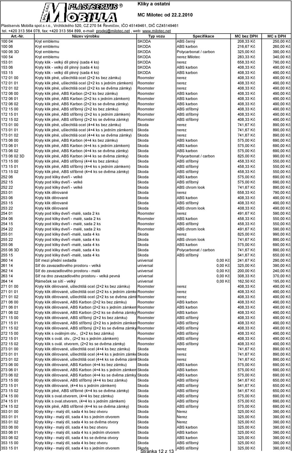 karbon 408,33 Kč 490,00 Kč 153 15 Kryty klik - velký díl plnný (sada 4 ks) SKODA ABS karbon 408,33 Kč 490,00 Kč 172 01 00 Kryty klik plné, ušlechtilá ocel (2+2 ks bez zámku) Roomster nerez 408,33 Kč