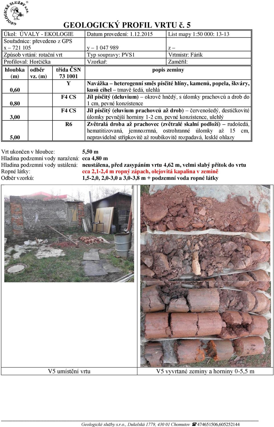 drob do 1 cm, pevné konzistence 3,00 F4 CS Jíl písčitý (eluvium prachovců až drob) červenošedý, destičkovité R6 Zvětralá droba až prachovec (zvětralé skalní podloží) rudošedá, hematitizovaná,