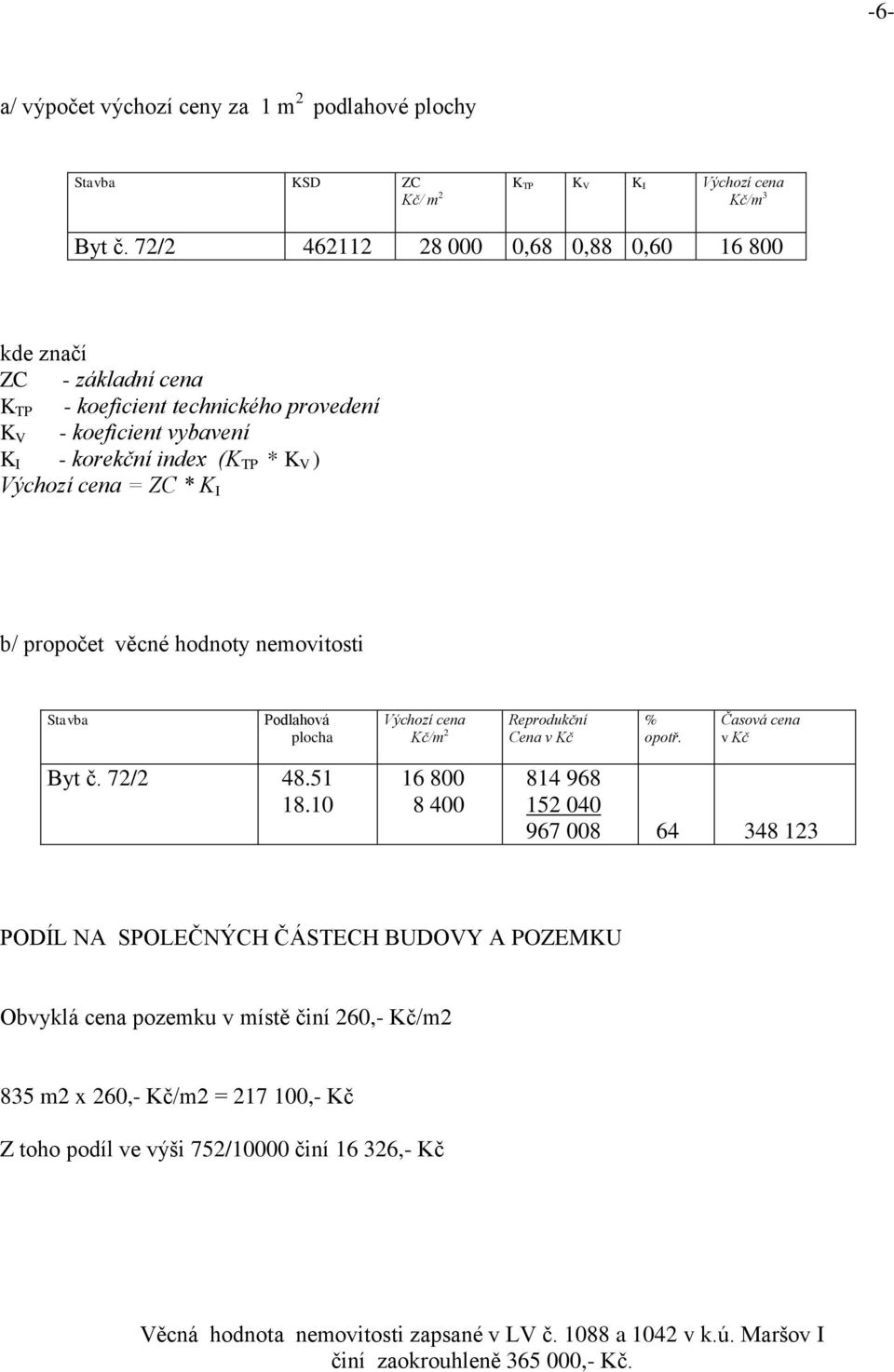 propočet věcné hodnoty nemovitosti Stavba Podlahová plocha Výchozí cena Kč/m 2 Reprodukční Cena v Kč % opotř. Časová cena v Kč Byt č. 72/2 48.51 18.